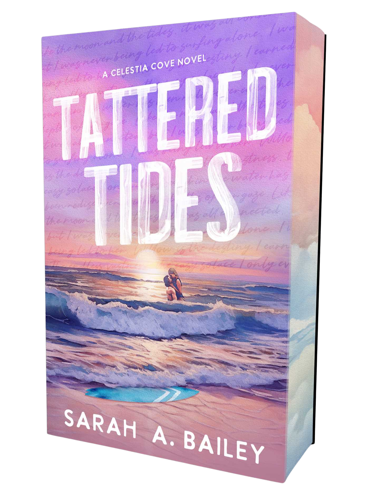 Book cover for 'Tattered Tides' featuring a sunset beach scene with ocean waves and a couple kissing in the water 
