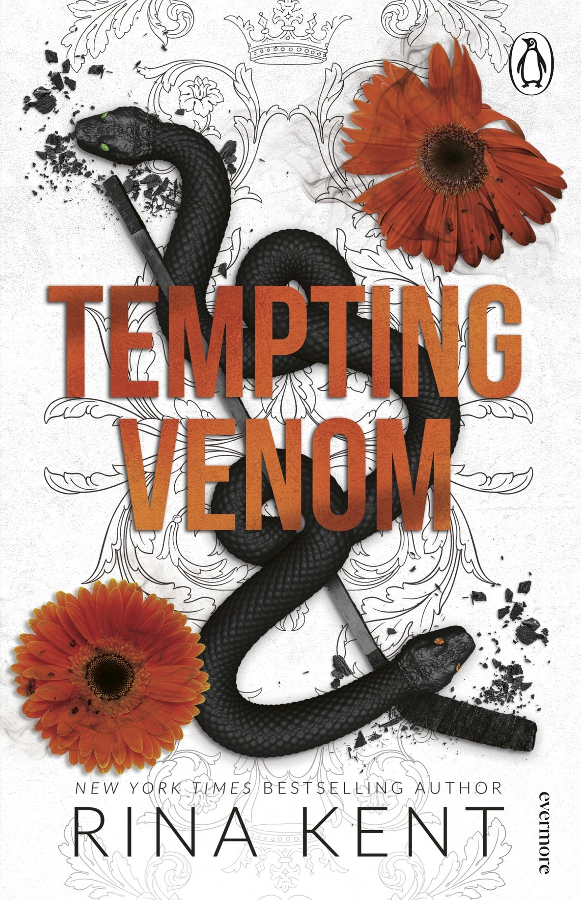 Book cover of 'Tempting Venom' with a snake and orange flowers on a white background.