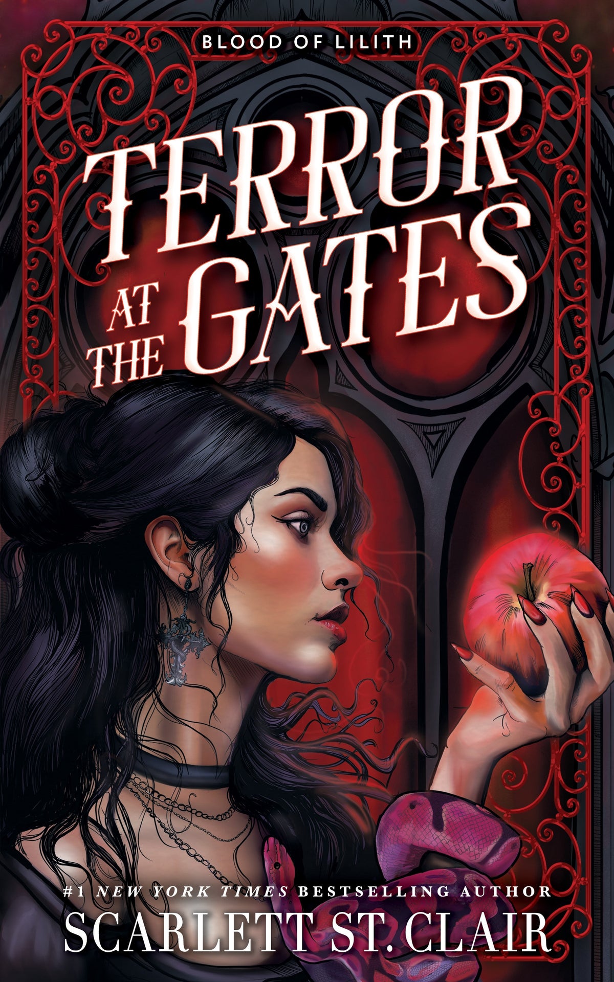 Book cover of 'Terror at the Gates' by Scarlett St. Clair with a woman holding a red apple and a snake 