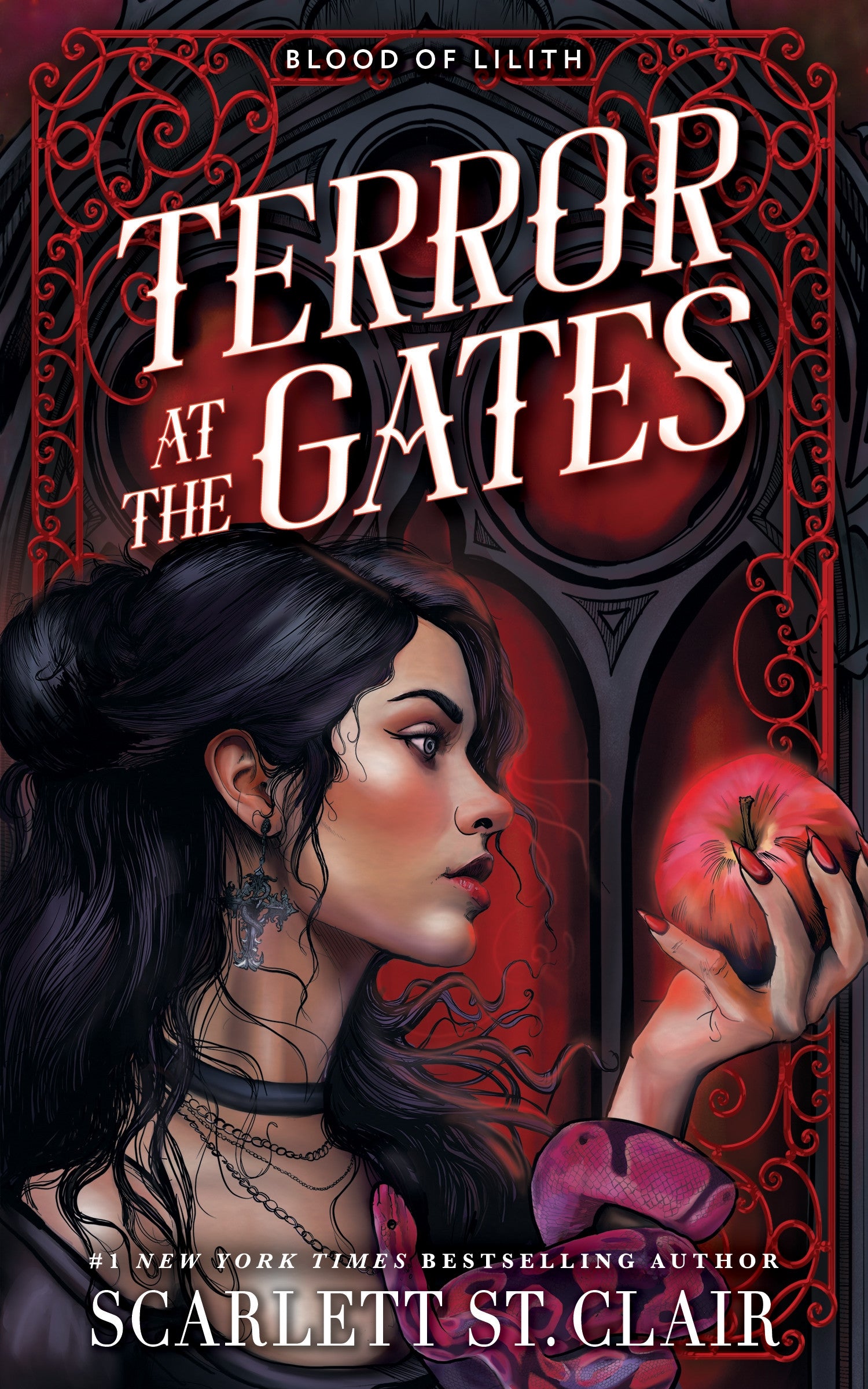 Book cover of 'Terror at the Gates' by Scarlett St. Clair with a woman holding a red apple and a snake 
