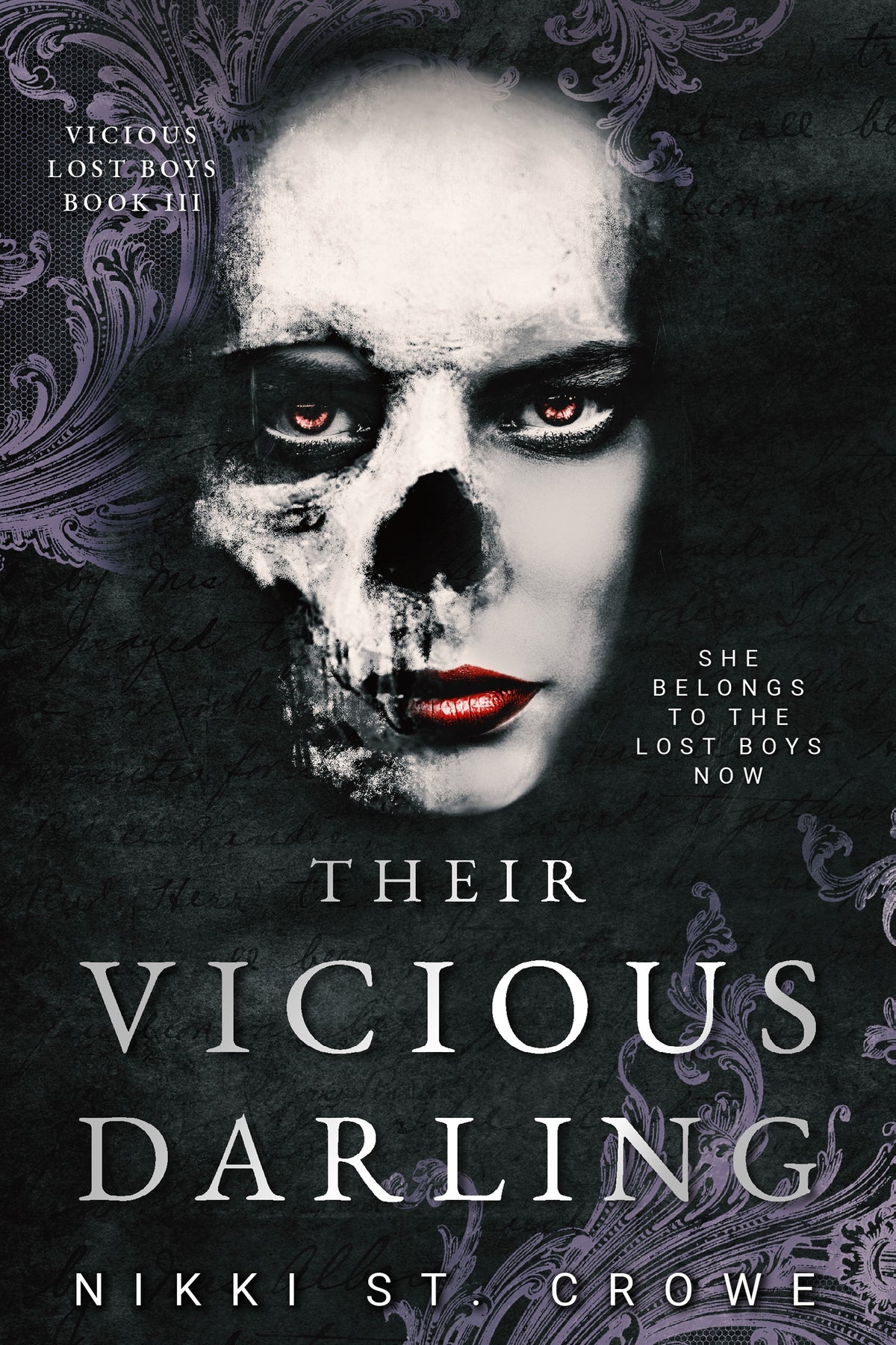 Book cover of 'Their Vicious Darling' with the face of a woman turning into a skull 