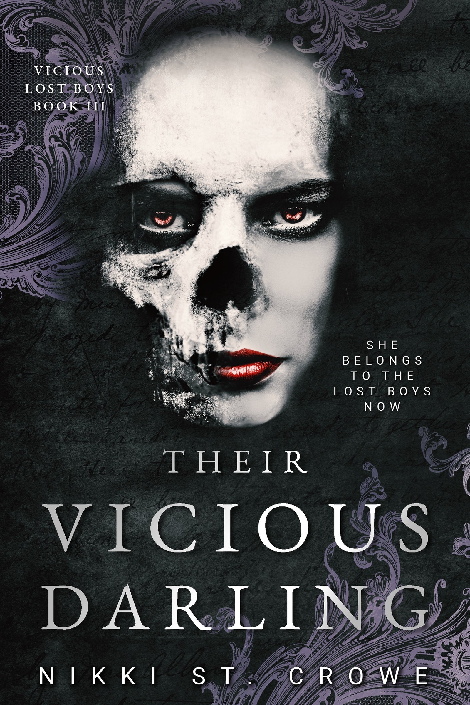 Book cover of 'Their Vicious Darling' with the face of a woman turning into a skull 