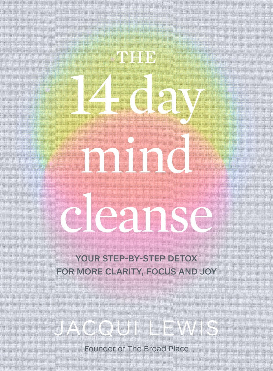 Book cover of 'The 14 Day Mind Cleanse' by Jacqui Lewis with a colorful abstract design on a light blue background.