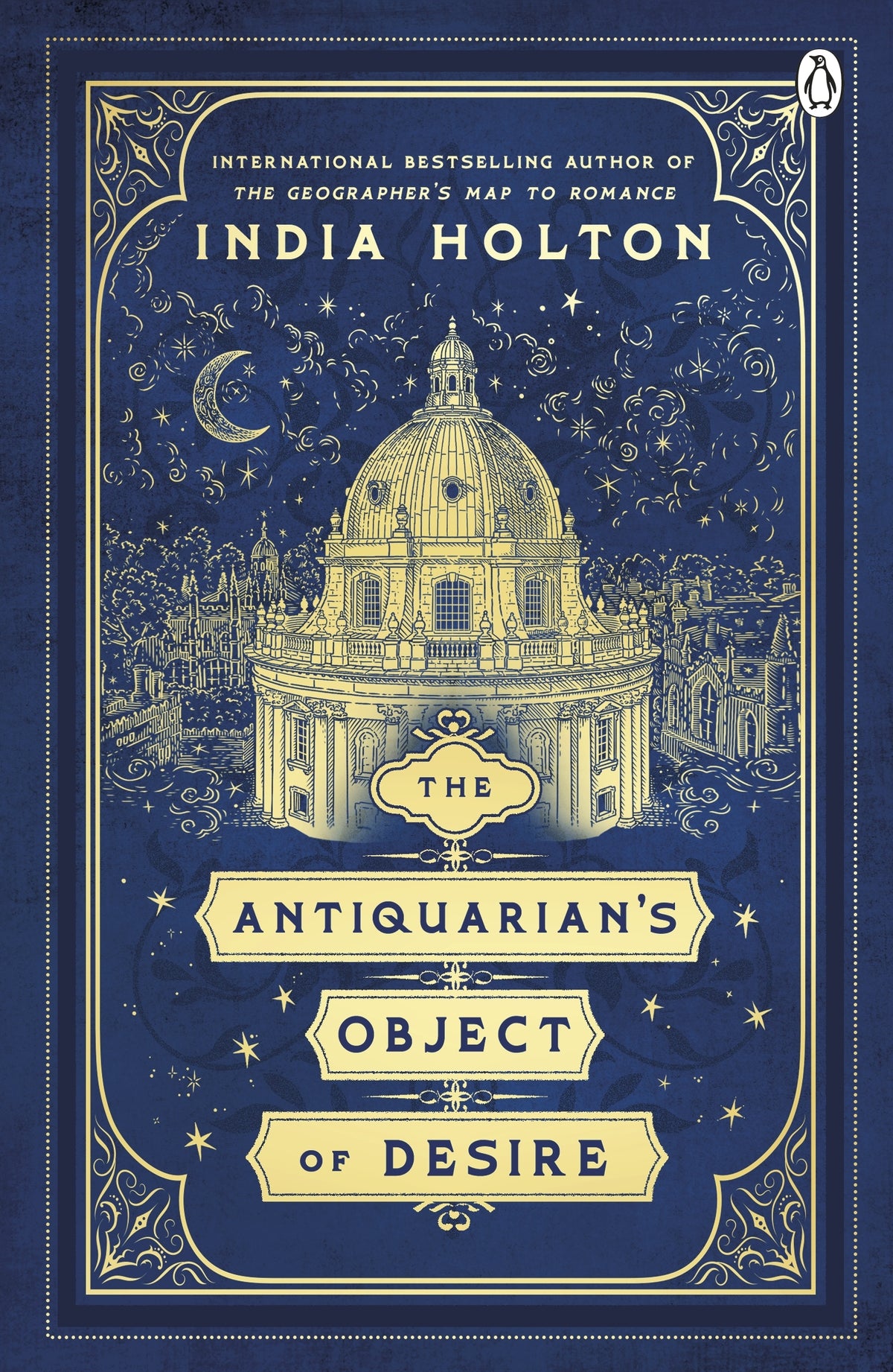 Book cover of 'The Antiquarian's Object of Desire' by India Holton with architectural illustration and blue background.