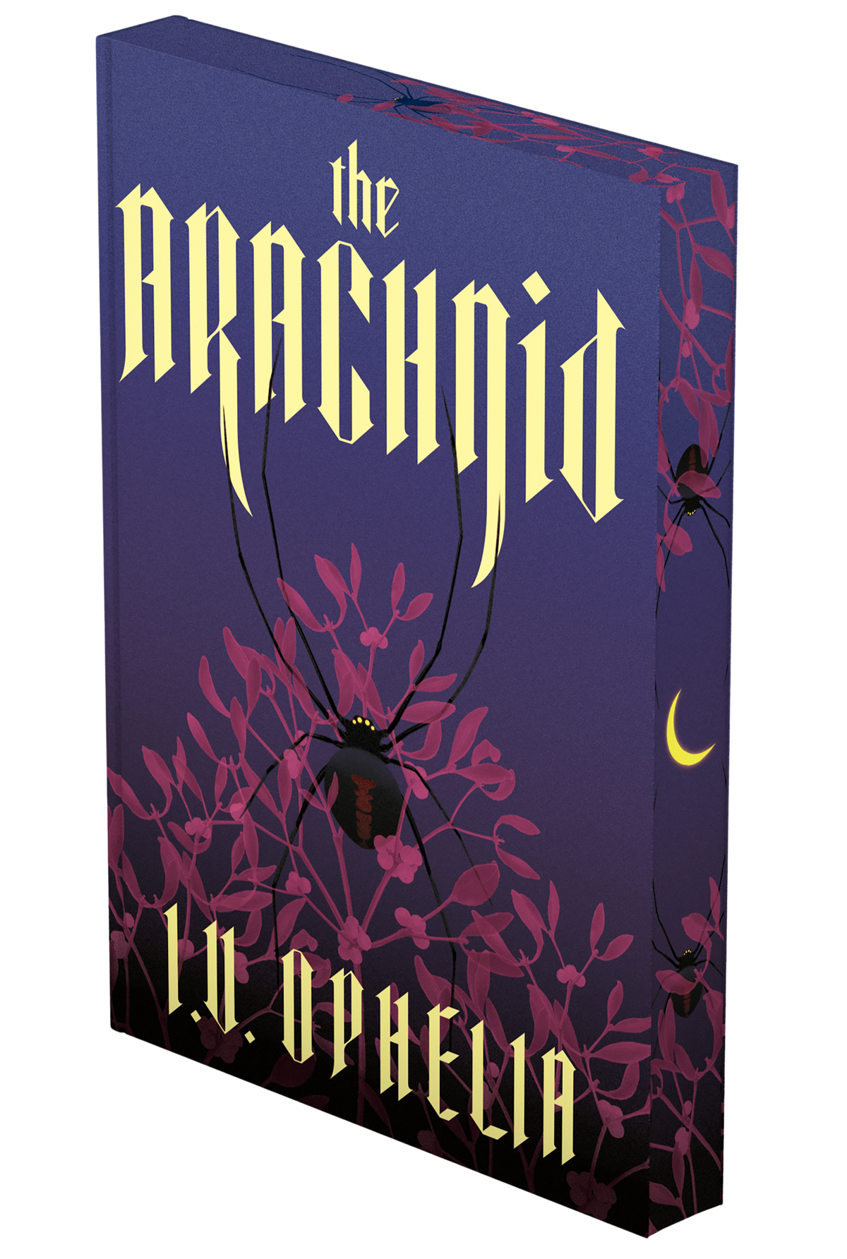 Book cover of 'The Arachnid' with a spider on pink flowers on a purple background 