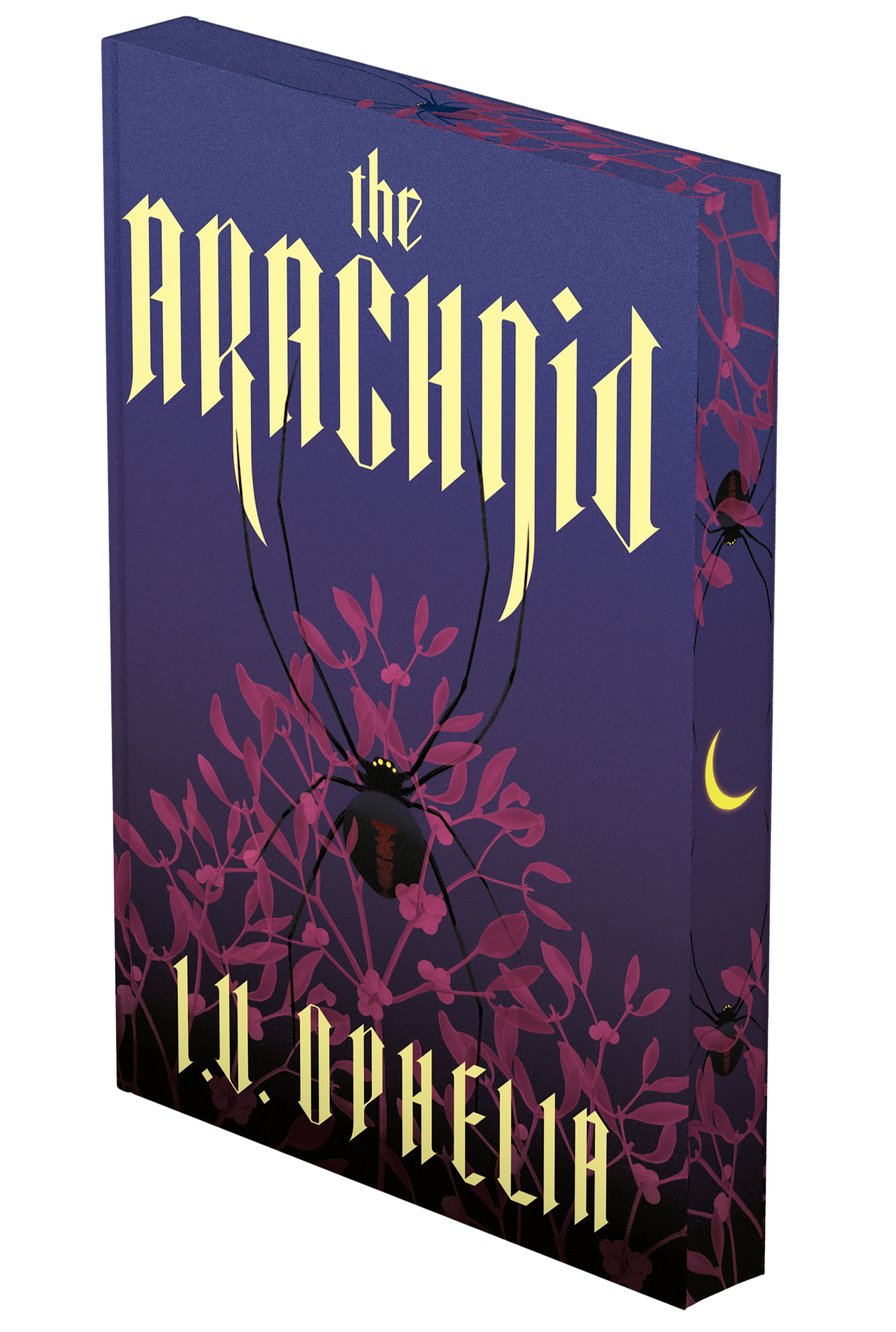 Book cover of 'The Arachnid' with a spider on pink flowers on a purple background 