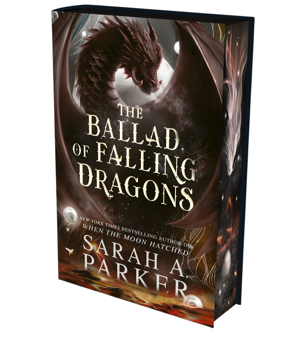Book cover of 'The Ballad of Falling Dragons' with a dragon illustration with open wings and magical elements 
