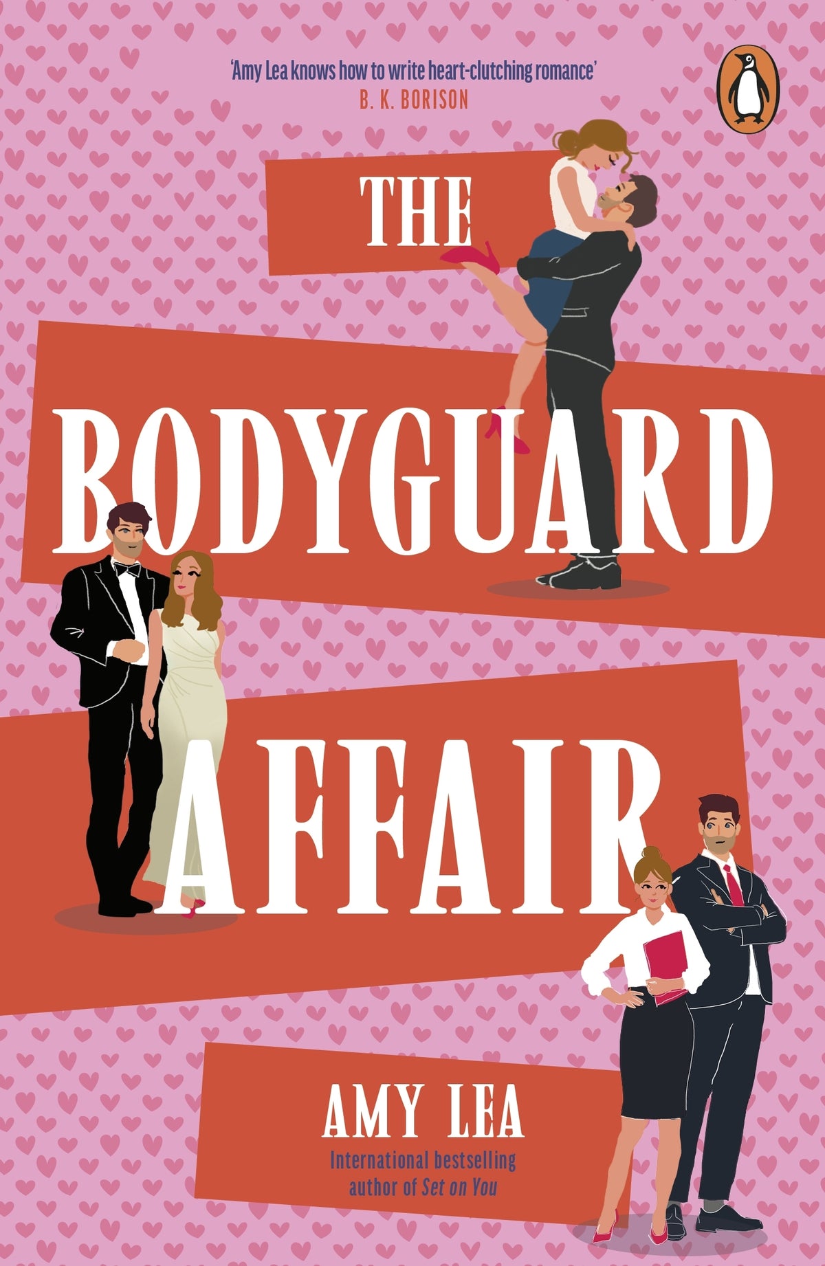 Book cover of 'The Bodyguard Affair' with romantic scenes illustration on a pink background.