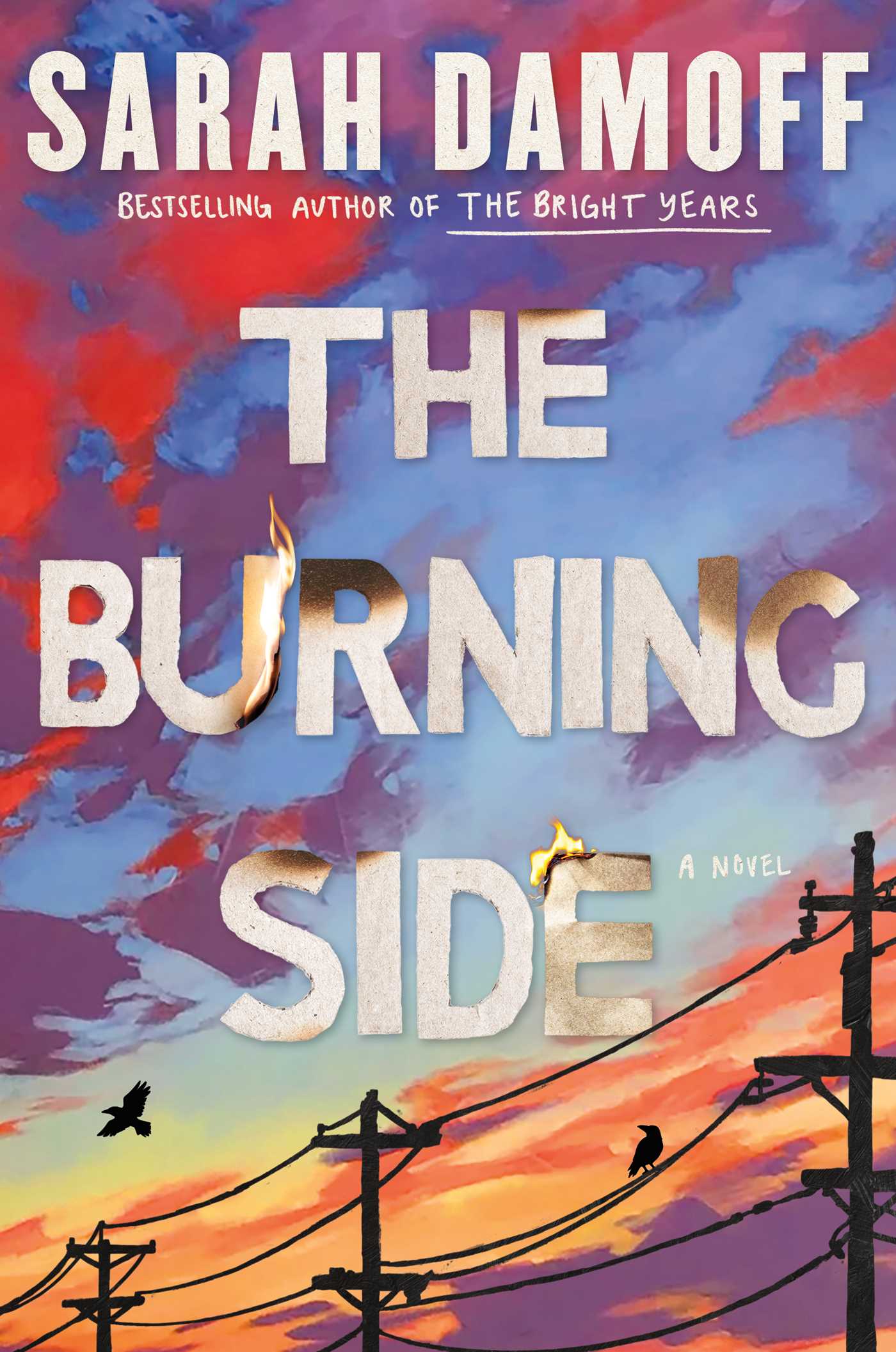 Book cover of 'The Burning Side' with a colourful sky scene with power lines