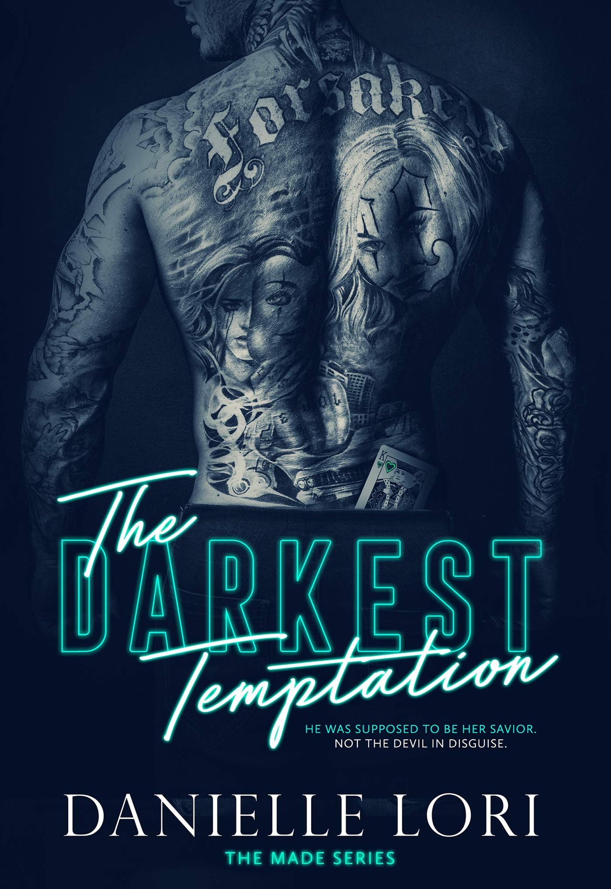 Book cover of 'The Darkest Temptation' with a tattooed man on a dark background.