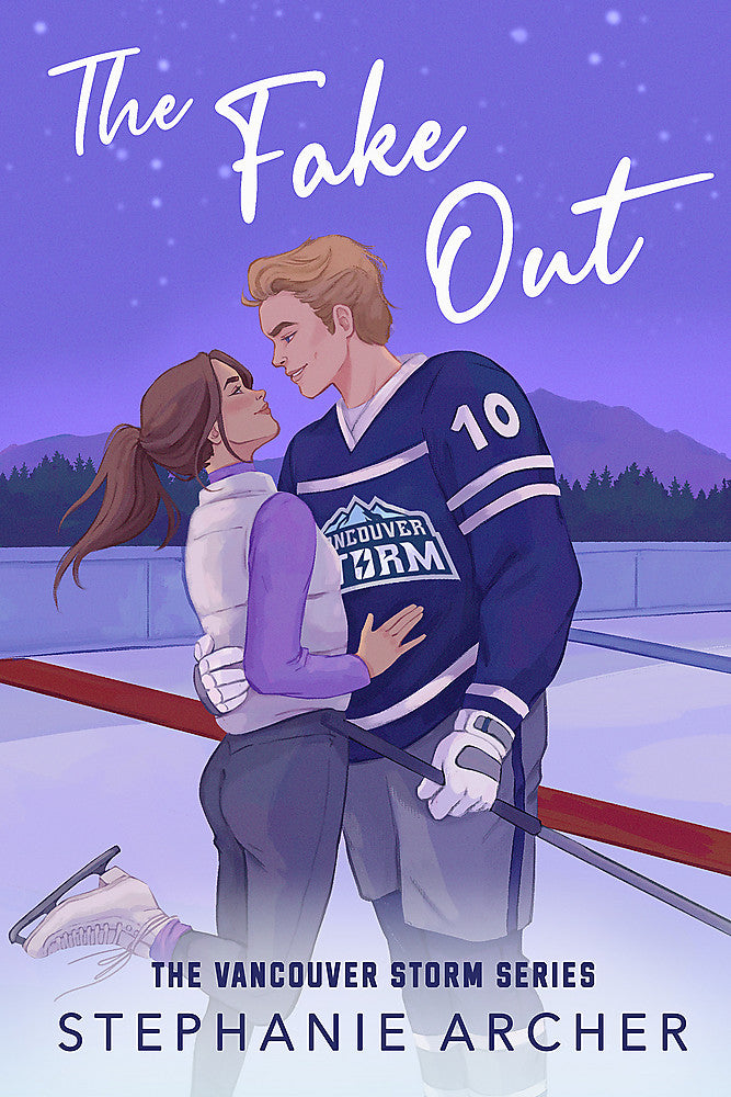 Book cover for 'The Fake Out' featuring a man and a woman close to each other on an ice hockey rink