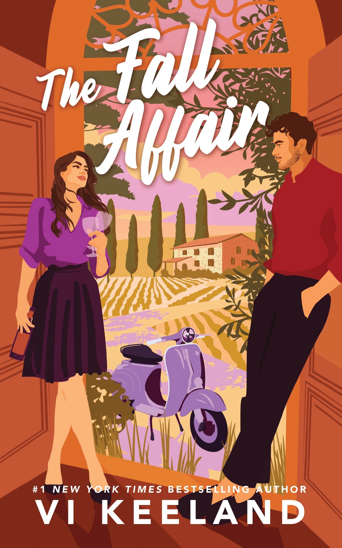 Book cover of 'The Fall Affair' featuring a couple by a window with a scooter outside near grape vines 
