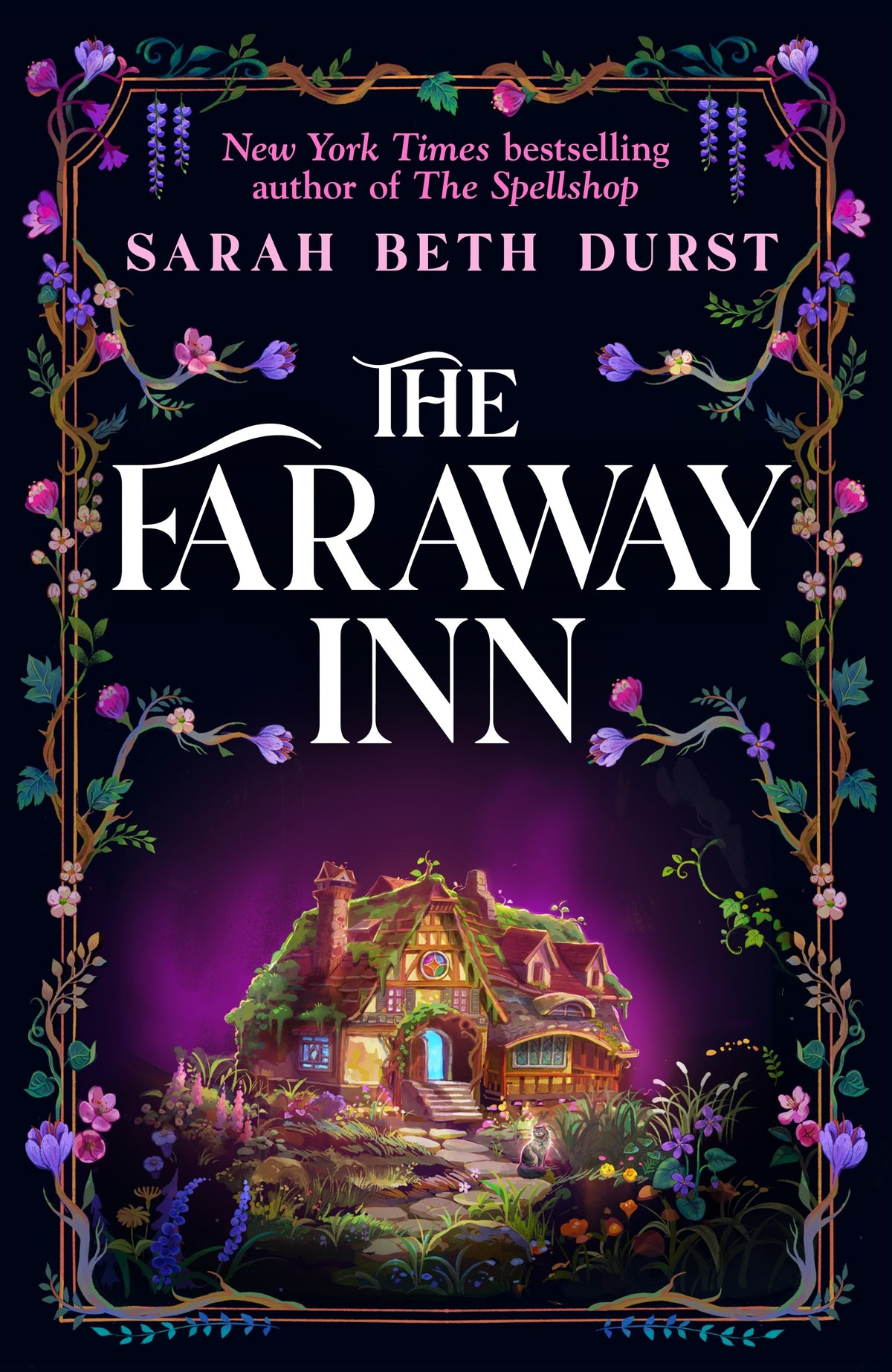 Book cover of 'The Faraway Inn' by Sarah Beth Durst with a dark background and illuminated inn.