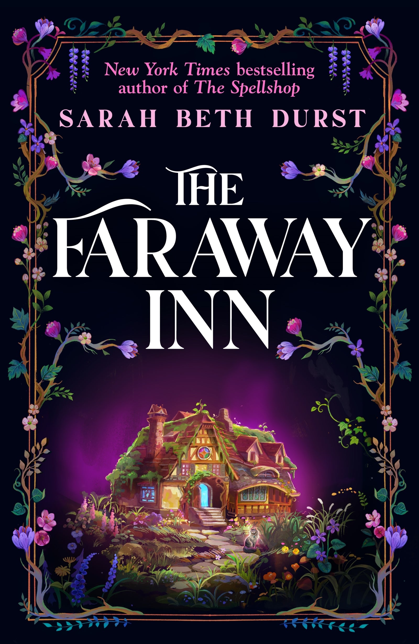 Book cover of 'The Faraway Inn' by Sarah Beth Durst with a dark background and illuminated inn.