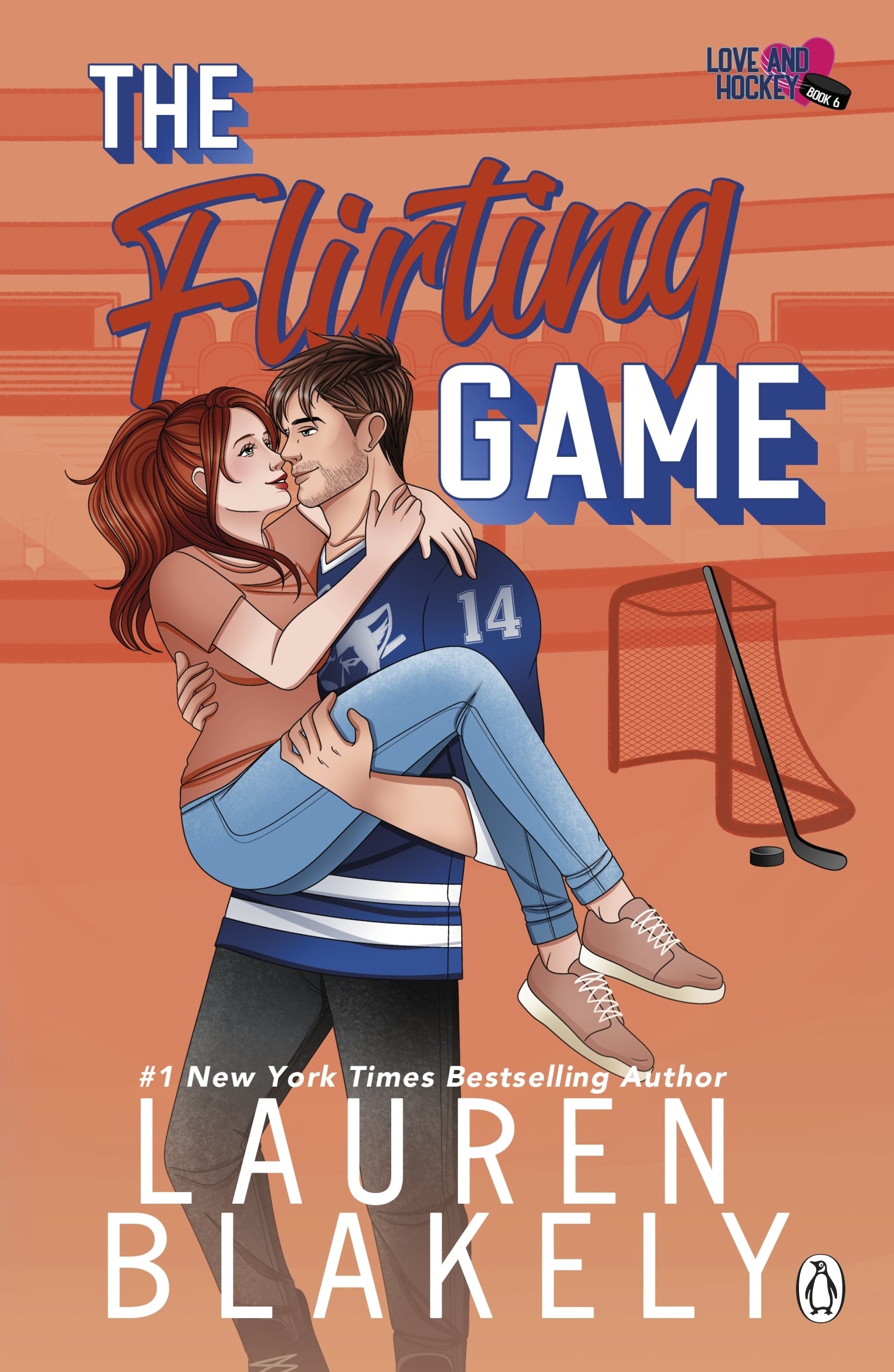 Book cover of 'The Flirting Game' by Lauren Blakely with a couple embracing on an orange background.