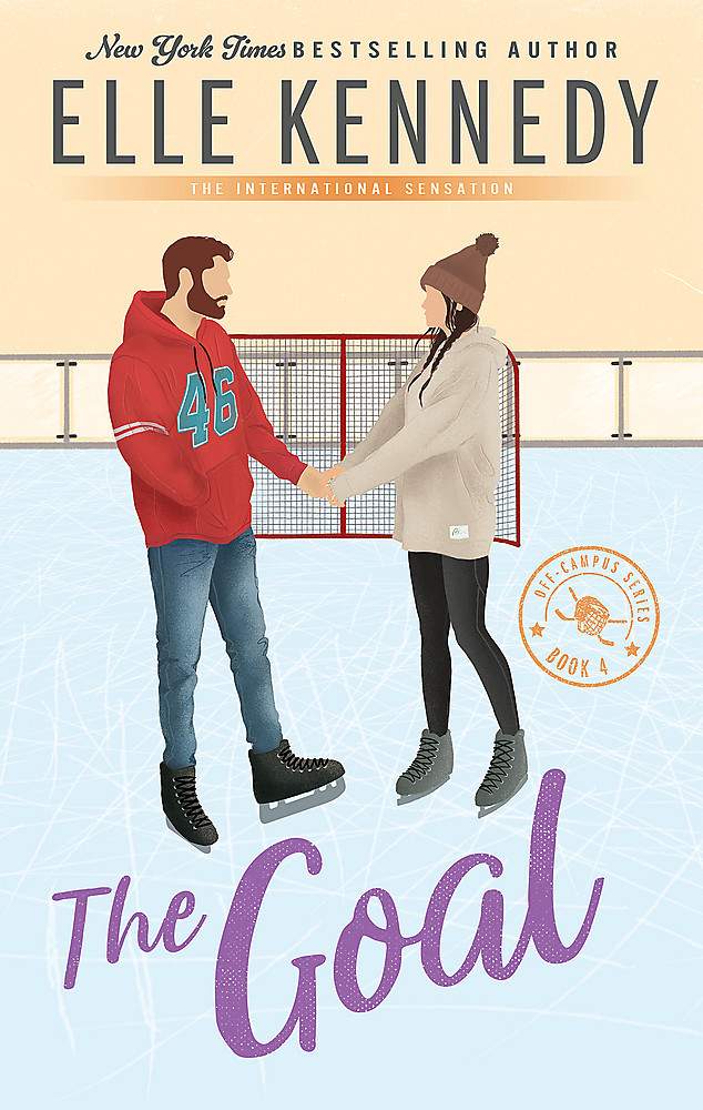 Book cover of 'The Goal' featuring a couple holding hands on an ice hockey rink in front of the goal 