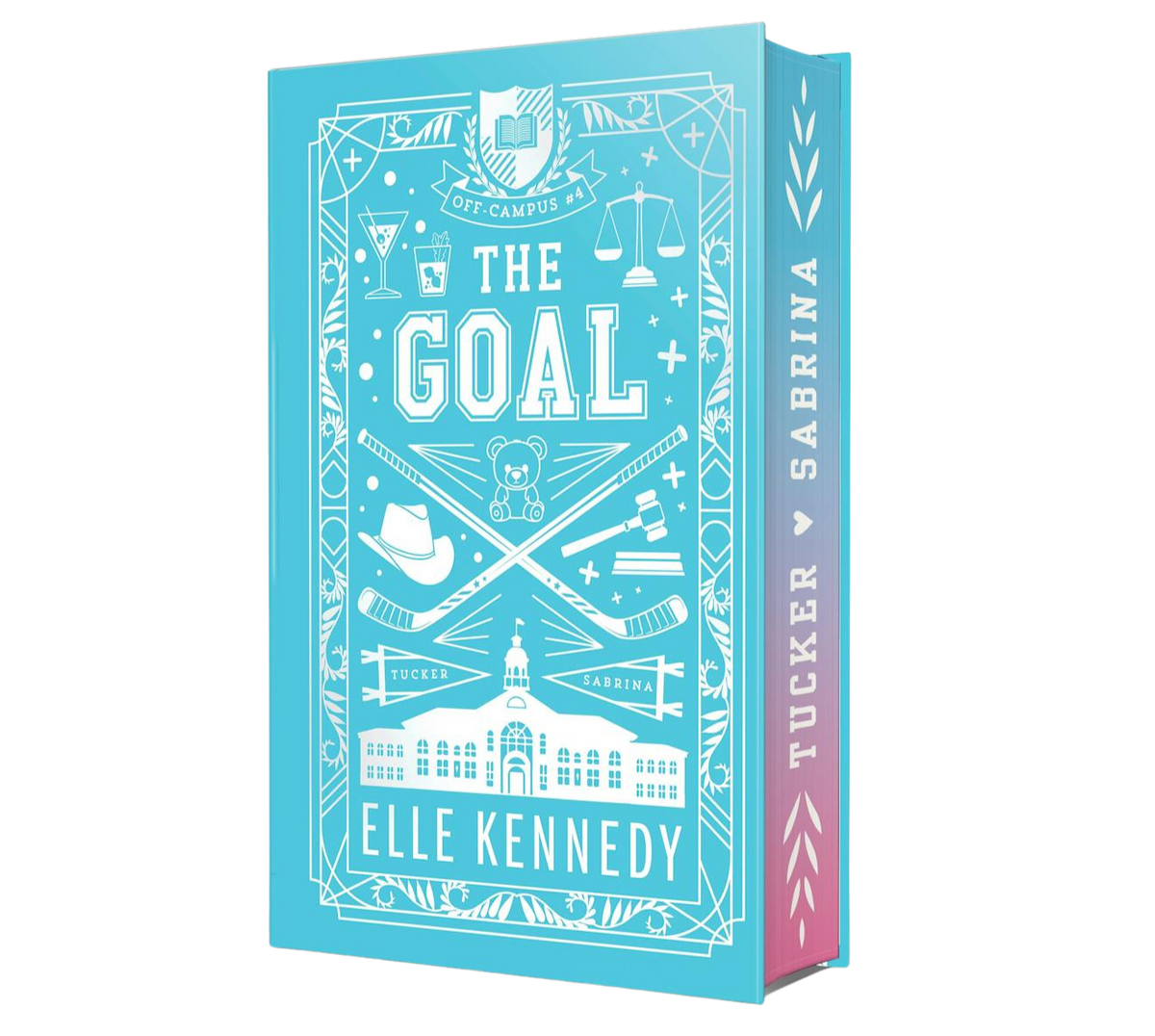 Book cover of 'The Goal' with white hockey symbols on a blue background 