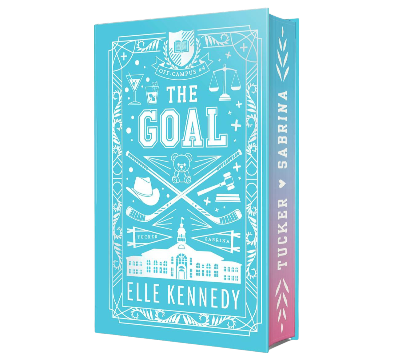 Book cover of 'The Goal' with white hockey symbols on a blue background 
