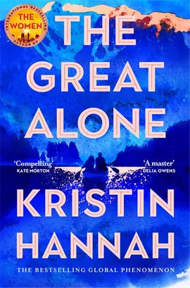 Book cover of 'The Great Alone' by Kristin Hannah with a blue gradient background and silhouette of a couple.