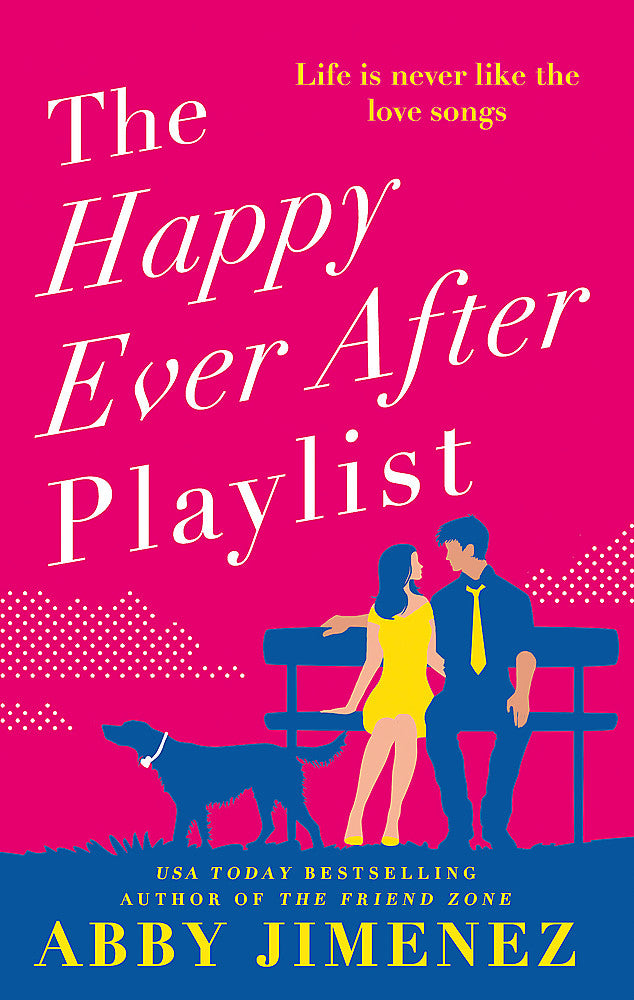 Book cover of 'The Happy Ever After Playlist' featuring an illustration of a couple and a dog sitting on a bench seat 