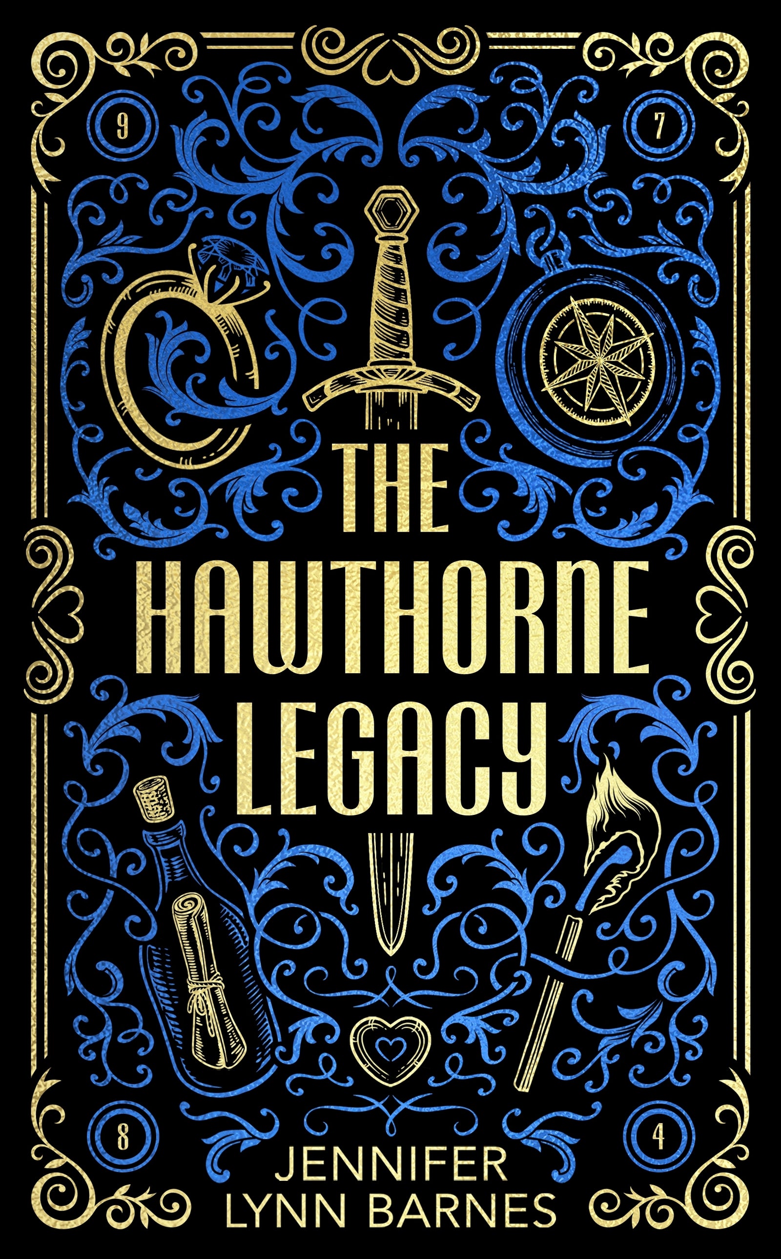 Book cover of 'The Hawthorne Legacy' with decorative blue elements and gold text on a black background.