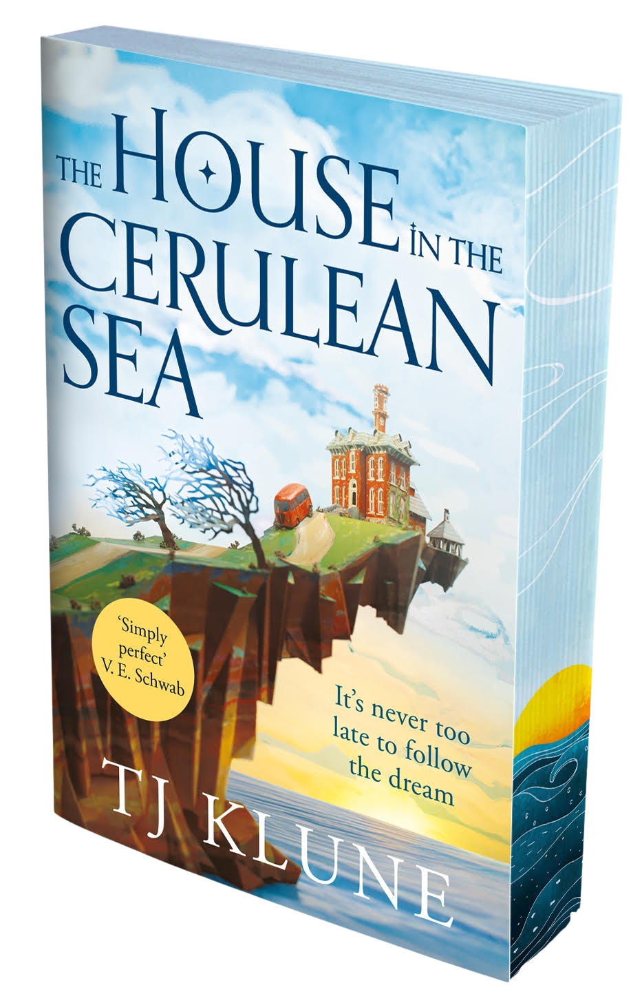 Book cover of 'The House in the Cerulean Sea' by TJ Klune with a scenic illustration of a house on a cliff over the water 