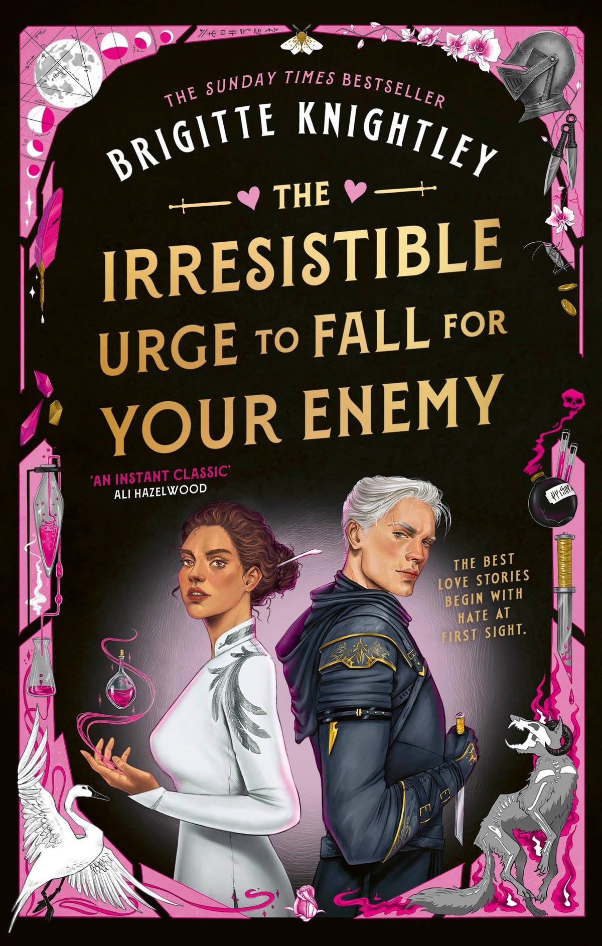 Book cover of 'The Irresistible Urge to Fall for Your Enemy' by Brigitte Knightley with a couple holding swords and spells. 