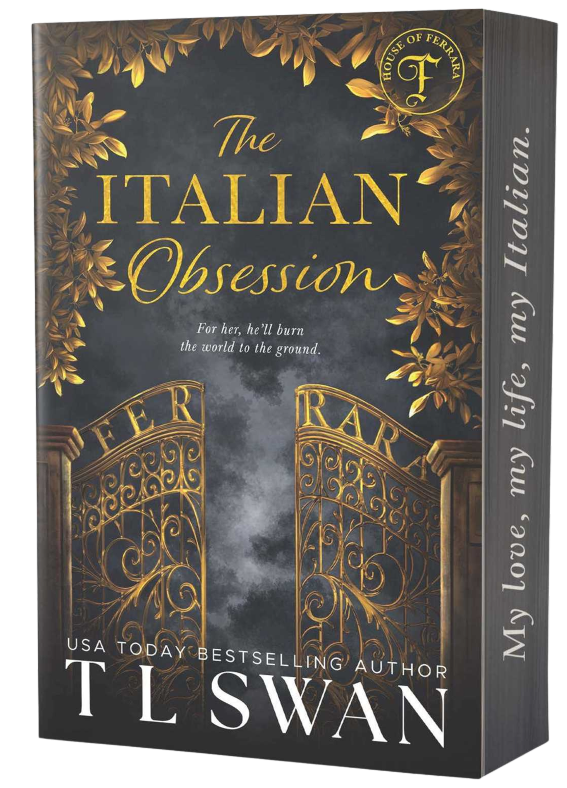 Book cover of 'The Italian Obsession' with a gold gate opening on a dark cover 