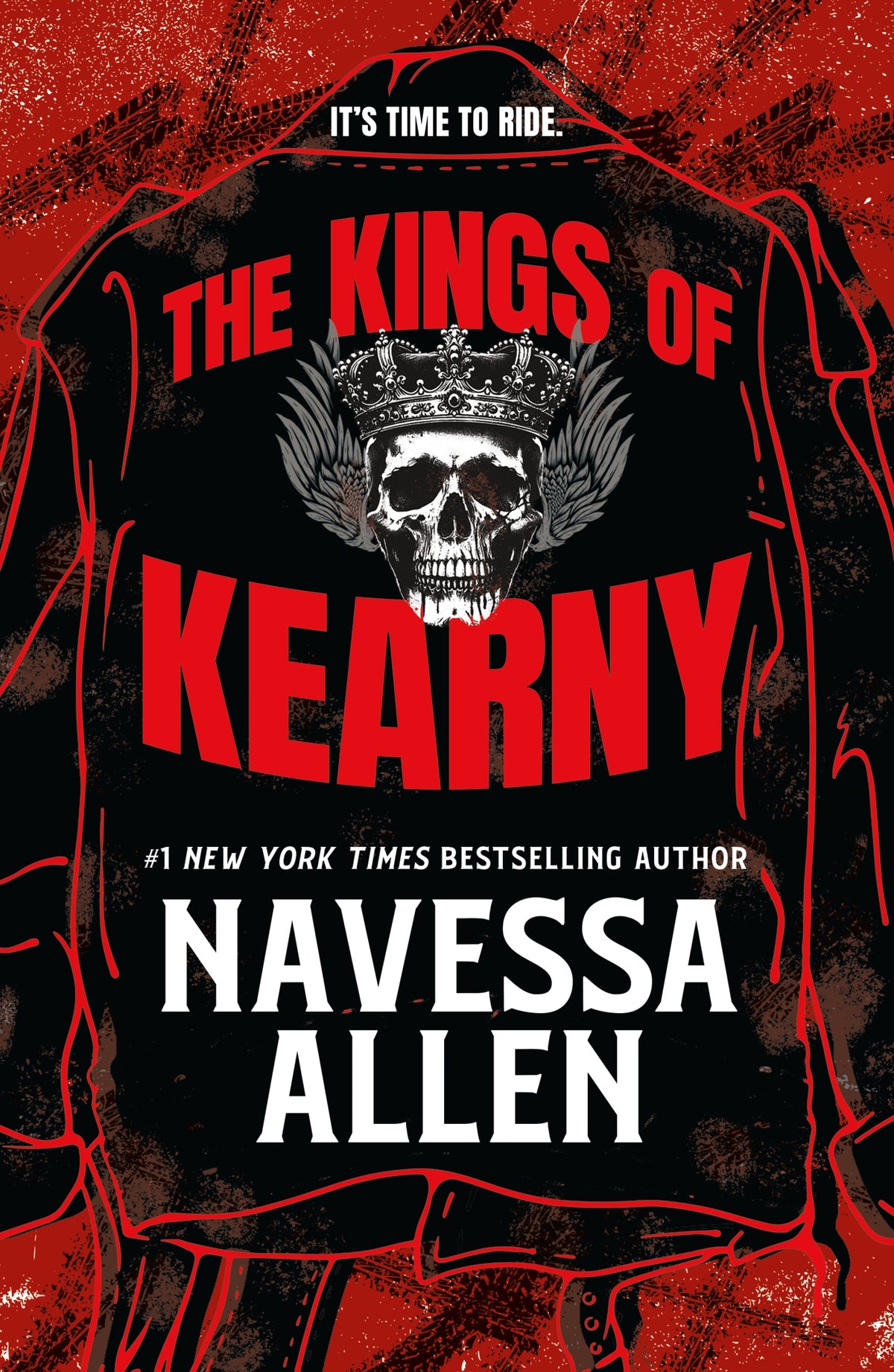 Book cover of 'The Kings of Kearny' by Navessa Allen with a skull and crown design on a biker jacket.