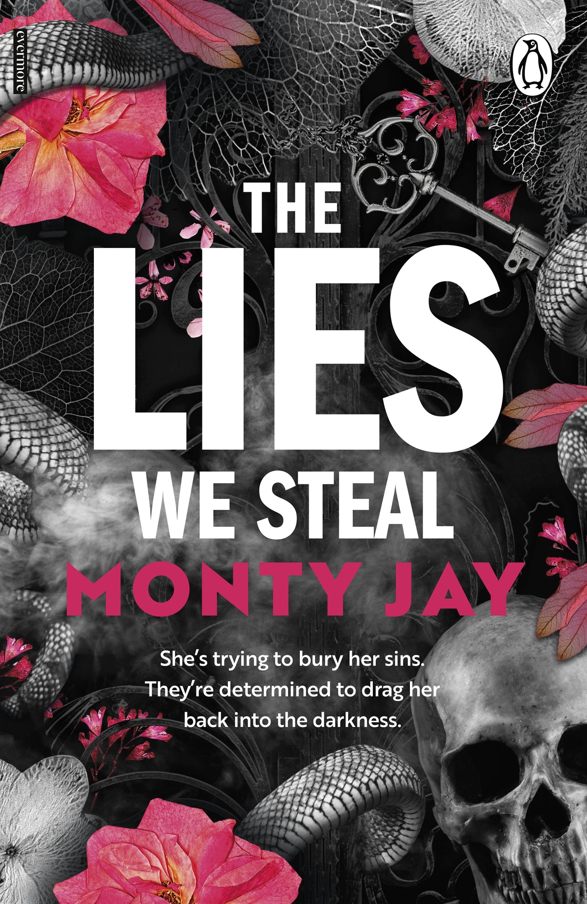 Book cover of 'The Lies We Steal' with dark skulls and snakes with pink flowers 