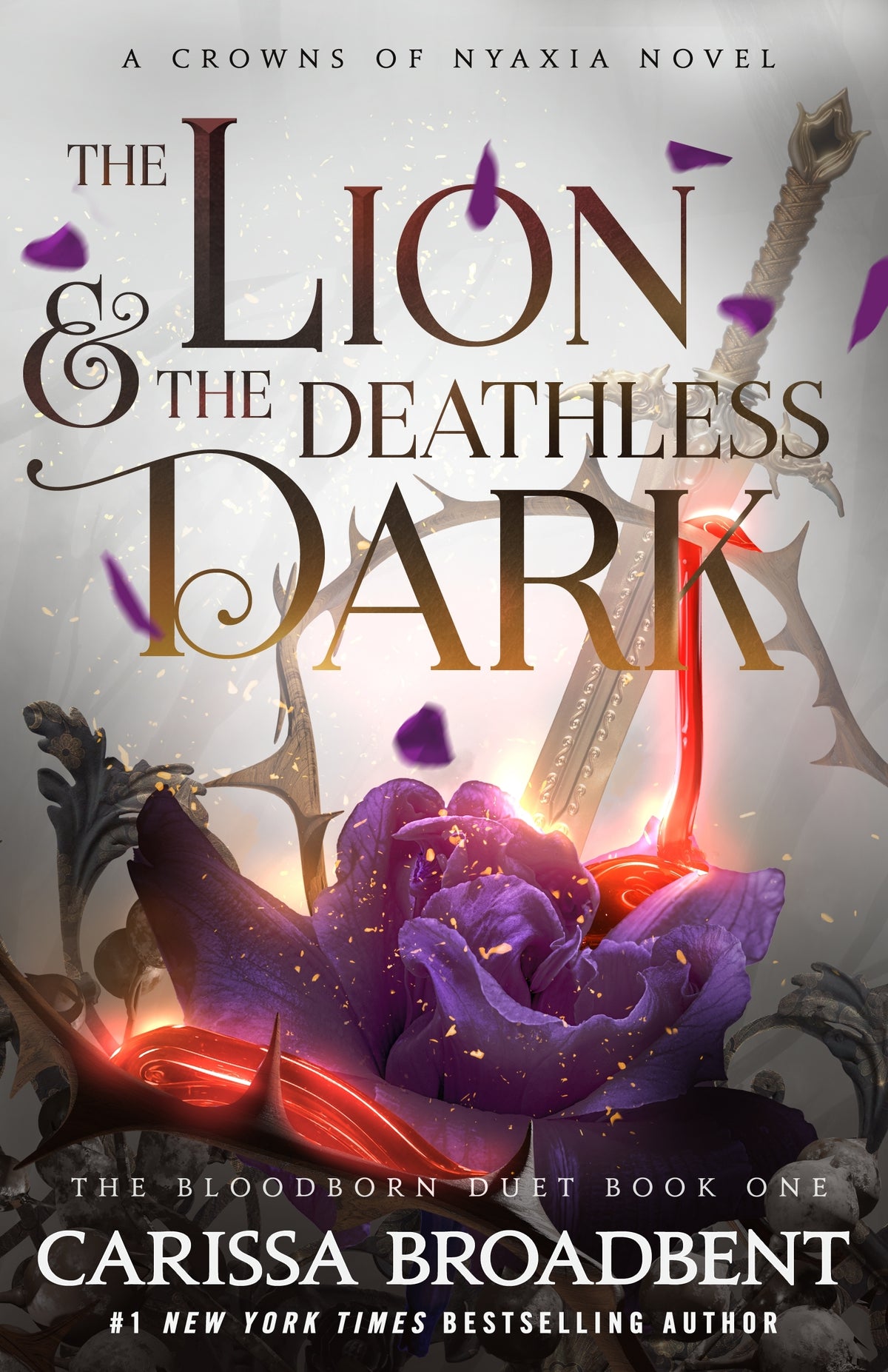 Book cover of 'The Lion & The Deathless Dark' with a sword going through a purple flower 