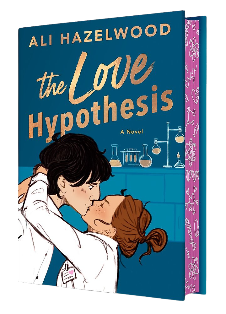 Book cover of 'The Love Hypothesis' with an illustration of two people kissing in a science lab