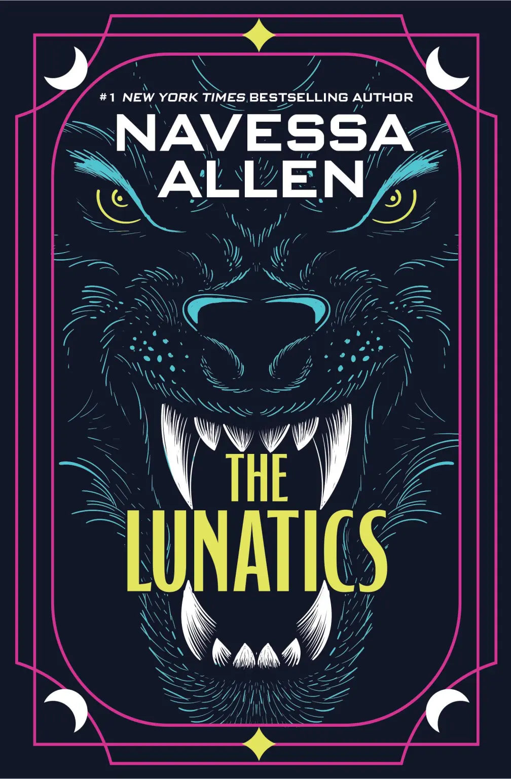 Book cover of 'The Lunatics' with a drawn wolf face on a dark cover with a pink line boarder 