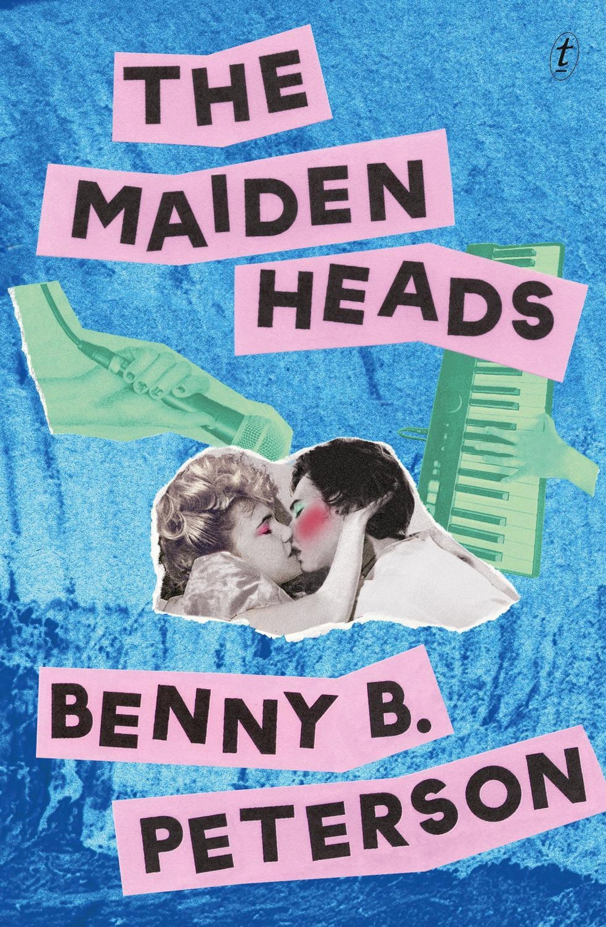 Book cover of 'The Maiden Heads' by Benny B. Peterson with a collage design on a blue background.