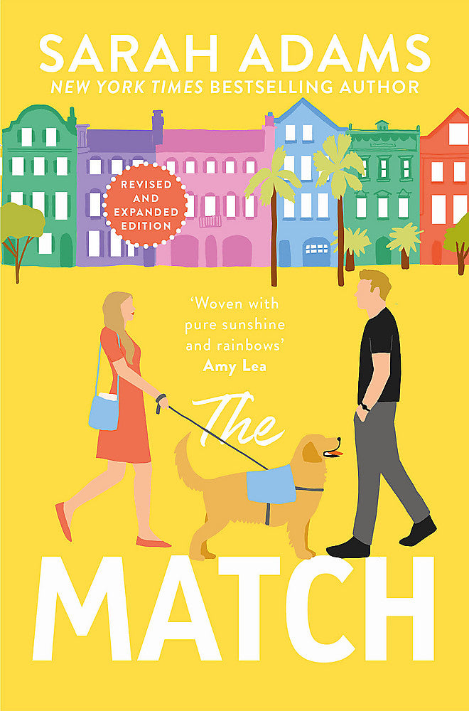 The cover of the book 'The Match' features an illustration of a woman in a red dress walking a golden retriever in a blue harness. A man in a grey suit is also depicted, standing close facing the woman.