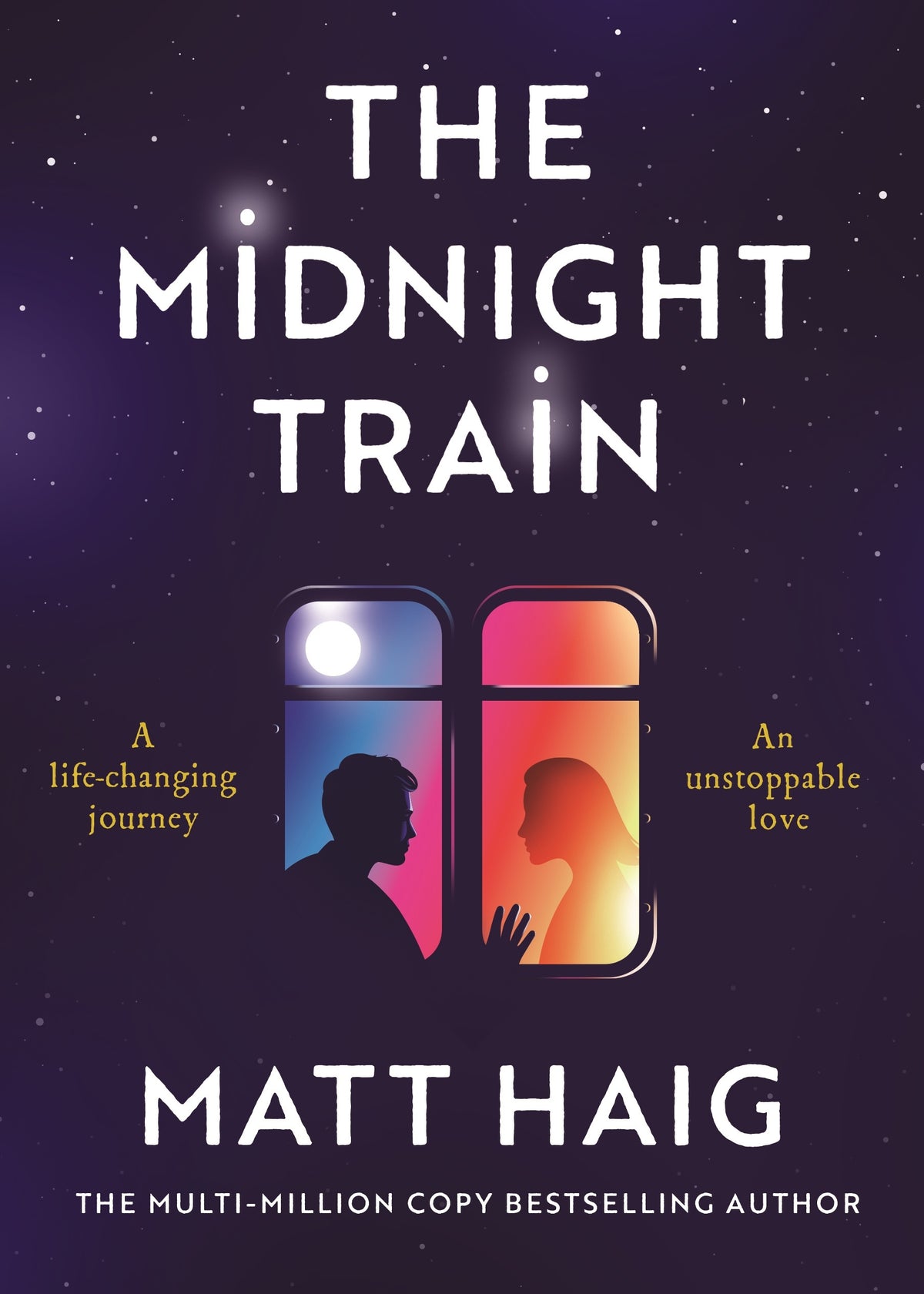 Book cover of 'The Midnight Train' by Matt Haig with a silhouette of two people on a train against a starry night sky.