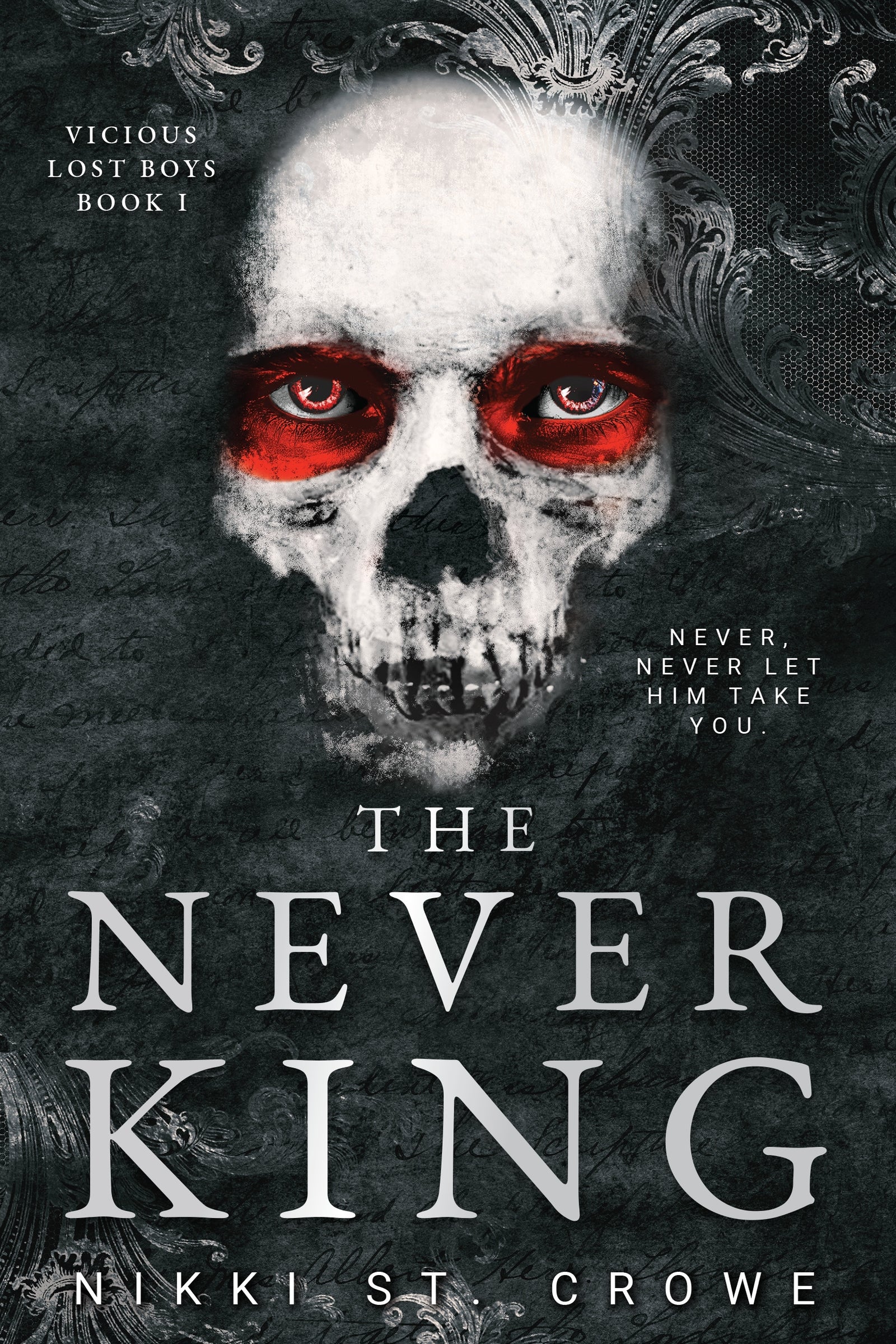 Book cover of 'The Never King' with a skull and red eyes on a dark background.