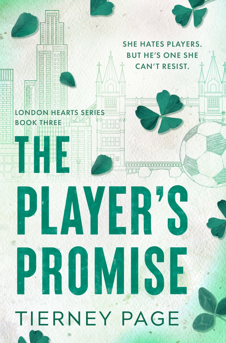Book cover of 'The Player's Promise' from the London Hearts series by Tierney Page, featuring green text and decorative elements.