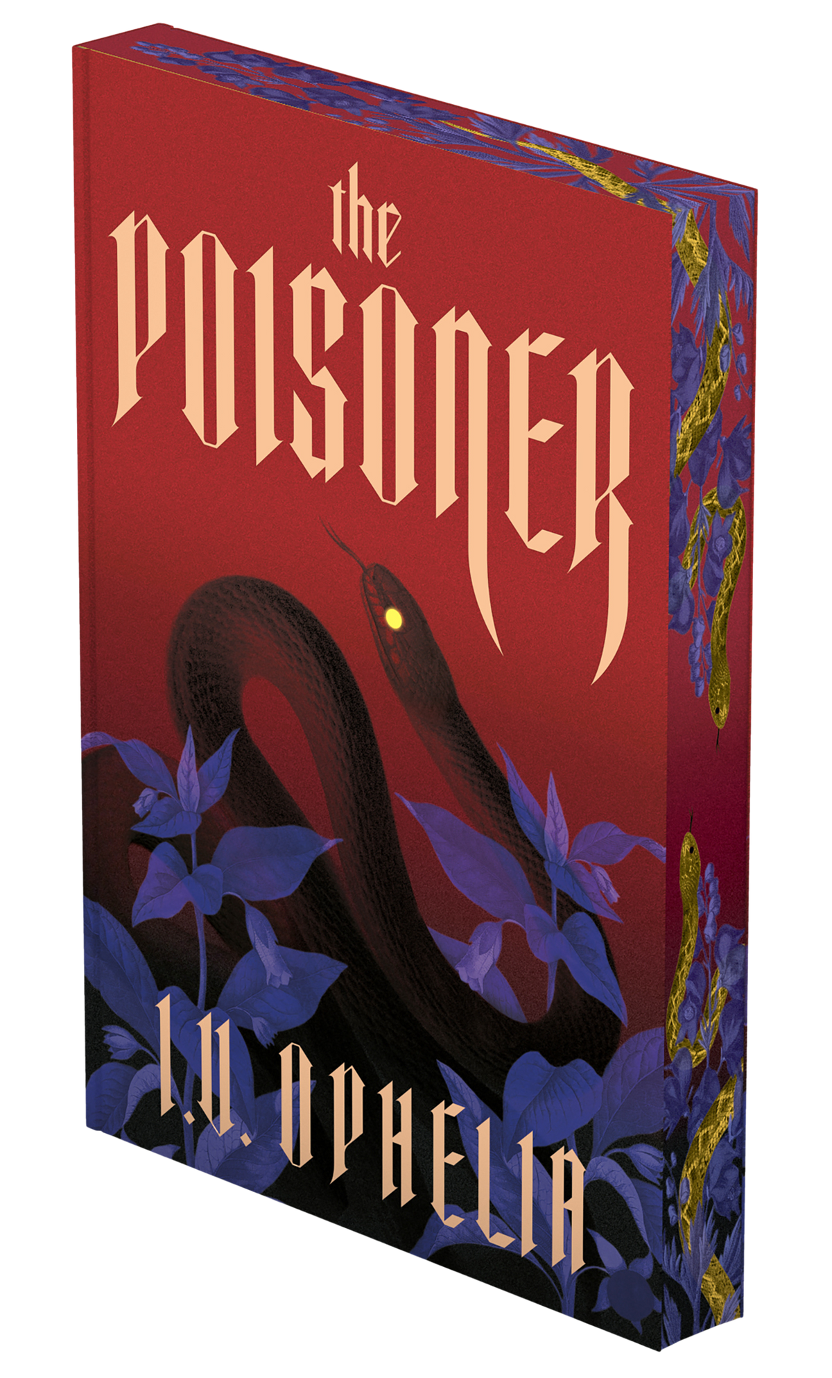 Book cover of 'The Poisoner' with a snake in purple flowers on a red background 