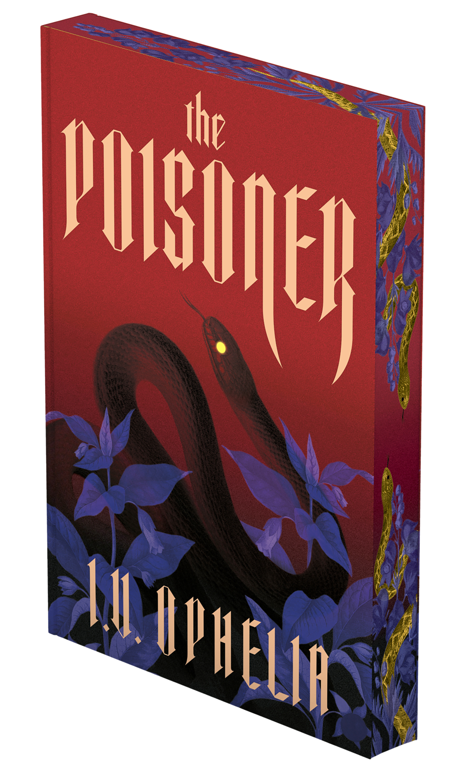 Book cover of 'The Poisoner' with a snake in purple flowers on a red background 