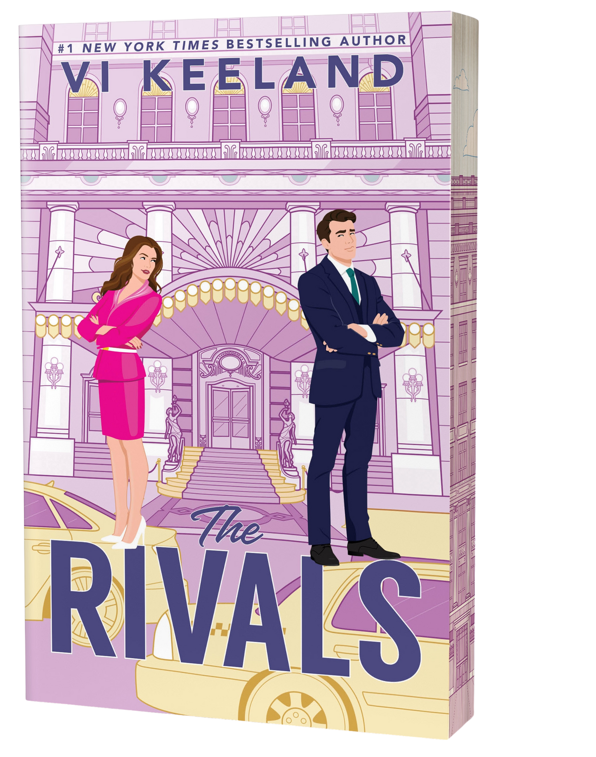 Book cover of 'The Rivals' featuring an illustrated pink and purple grand building with two characters in front of it and a yellow car at the bottom