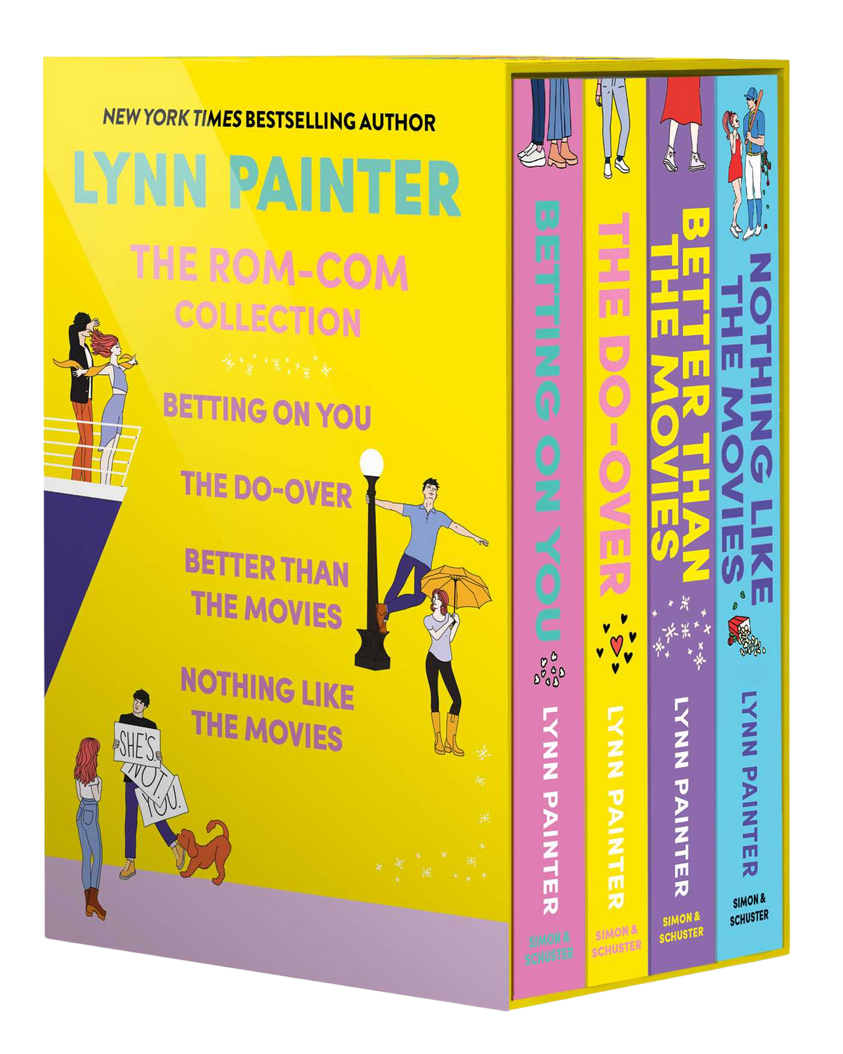 Box set of 'The Rom-Com Collection' with couples on dates around the box on a yellow background 