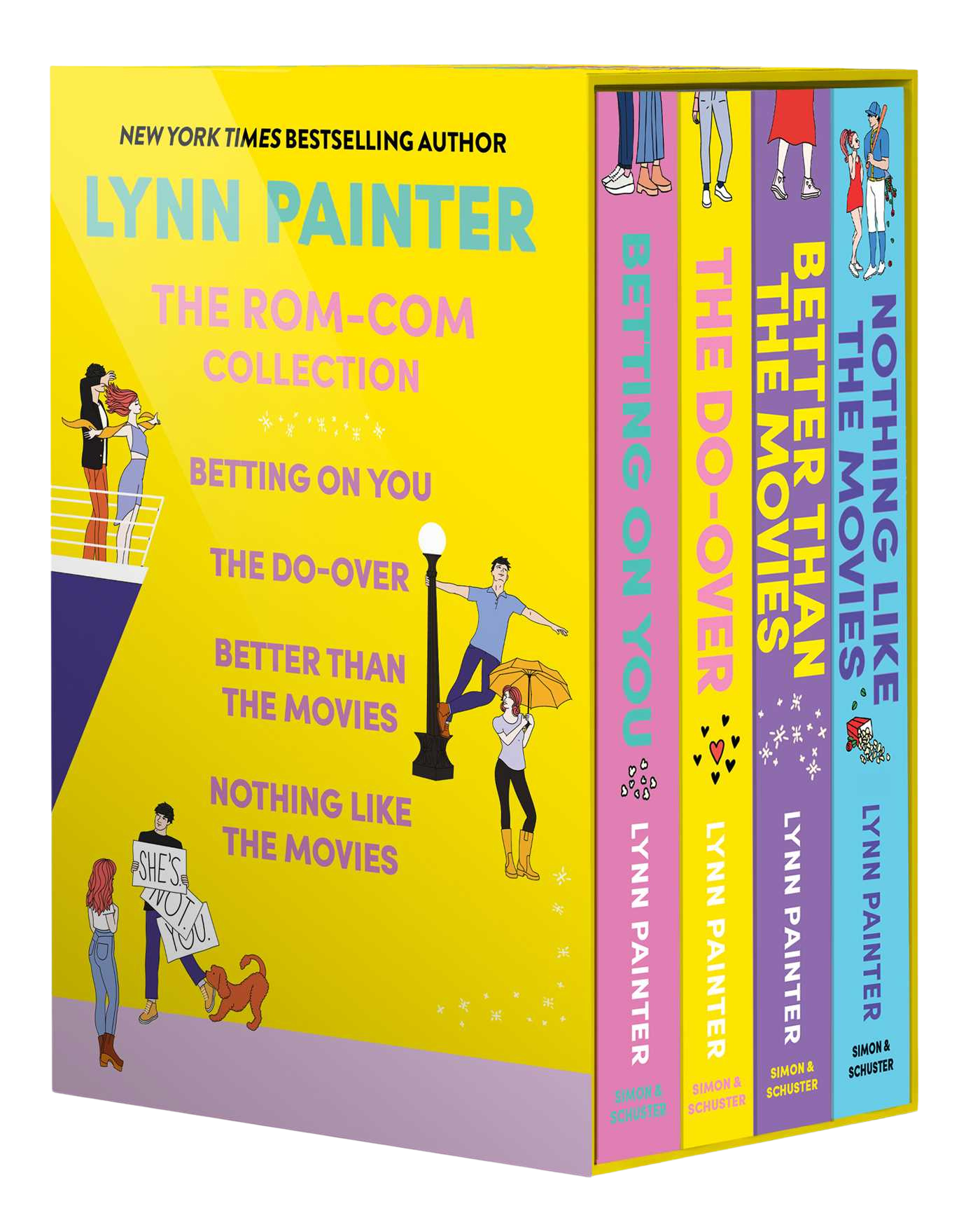 Box set of 'The Rom-Com Collection' with couples on dates around the box on a yellow background 