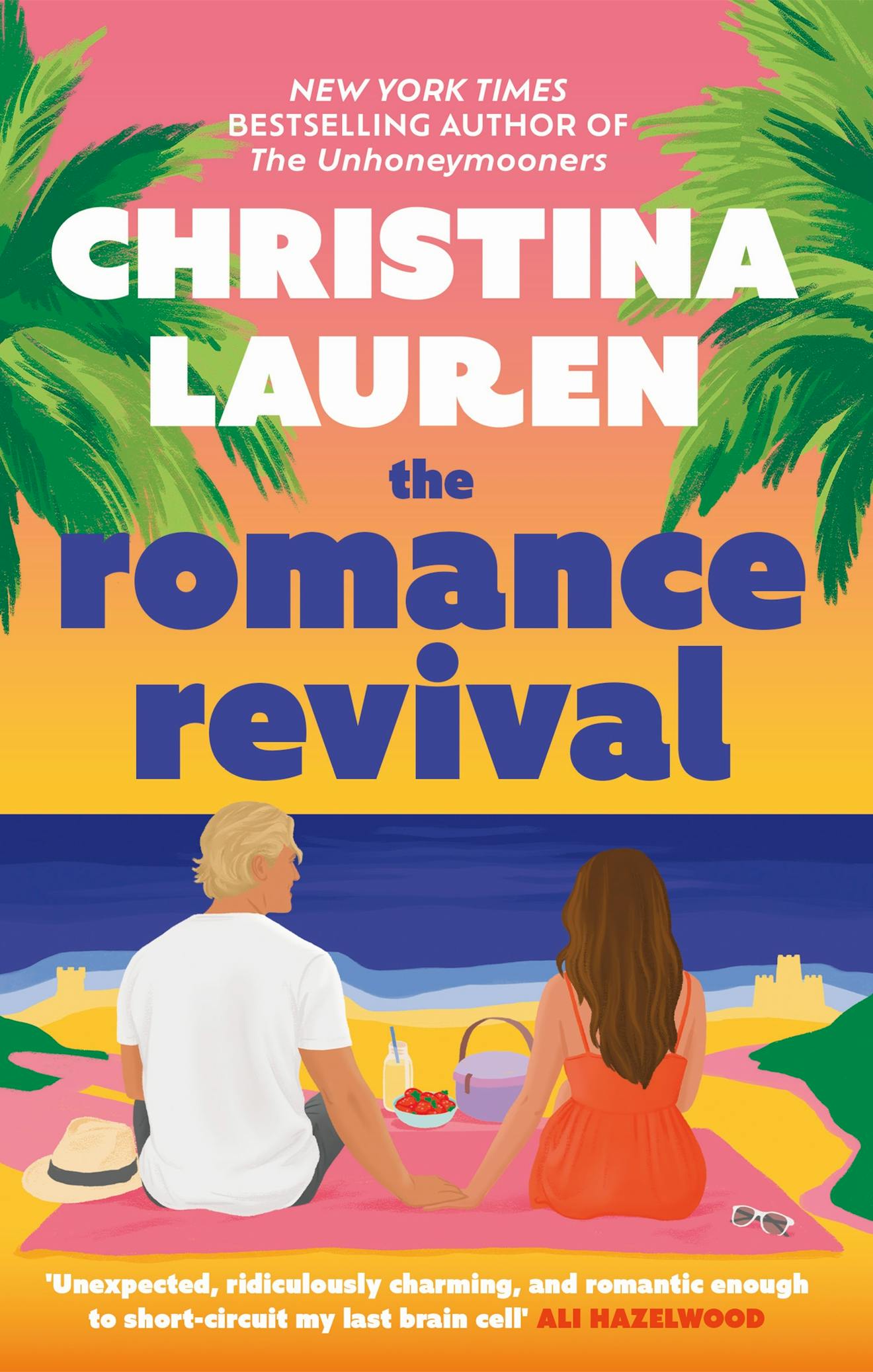 Book cover of 'The Romance Revival' featuring a tropical beach scene with palm leaves and a couple sitting on a blanket by the water having a picnic 