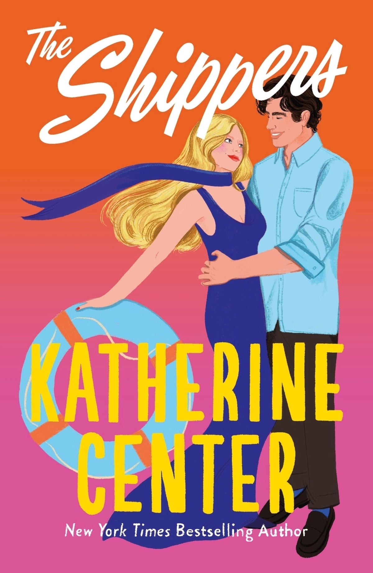 Book cover of 'The Shippers' by Katherine Center with a stylized illustration of a couple and vibrant colors.