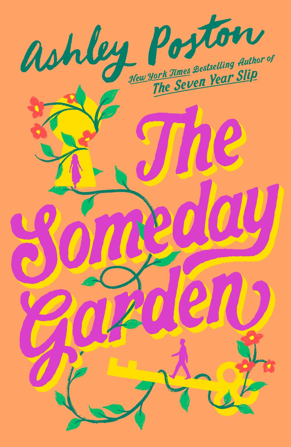 Book cover of 'The Someday Garden' with a floral design on an orange background with a lock and key 