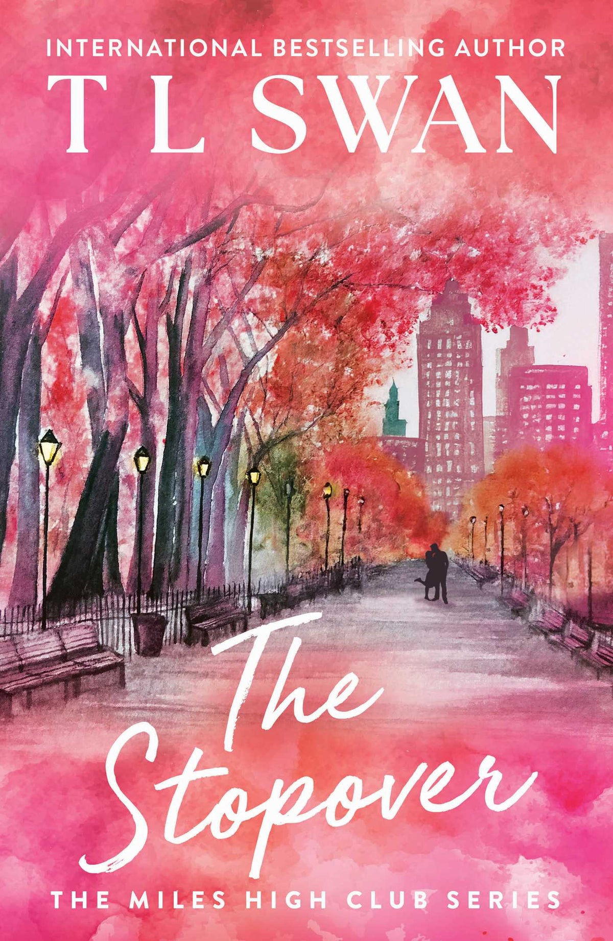 Book cover of 'The Stopover' with a pink and red autumn scene in a park