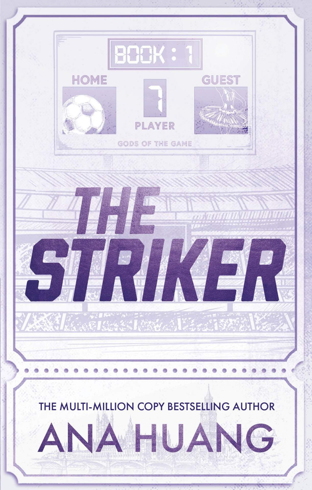 Book cover of 'The Striker' with a purple scene of a sports match on a ticket 