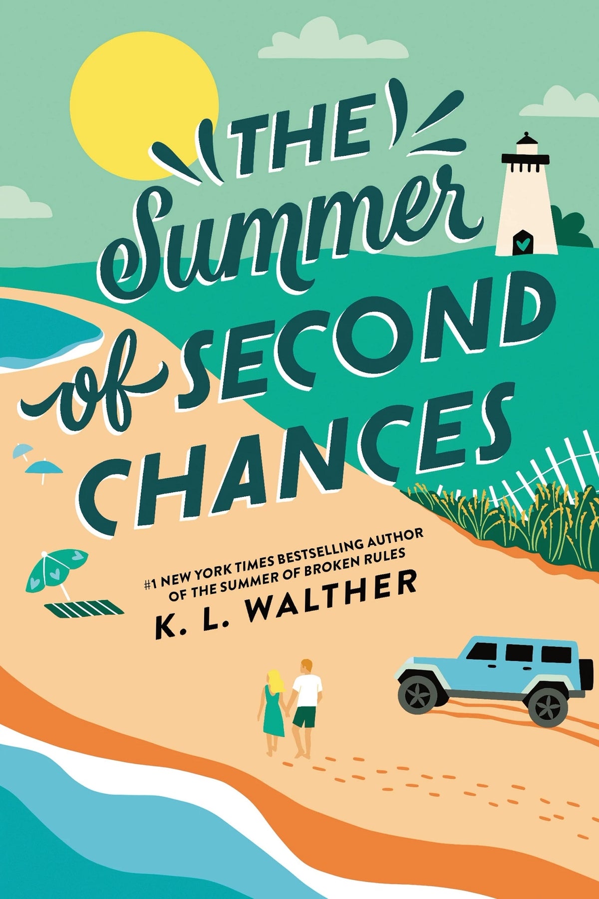 Book cover of 'The Summer of Second Chances' by K.L. Walther with a beach scene and lighthouse.