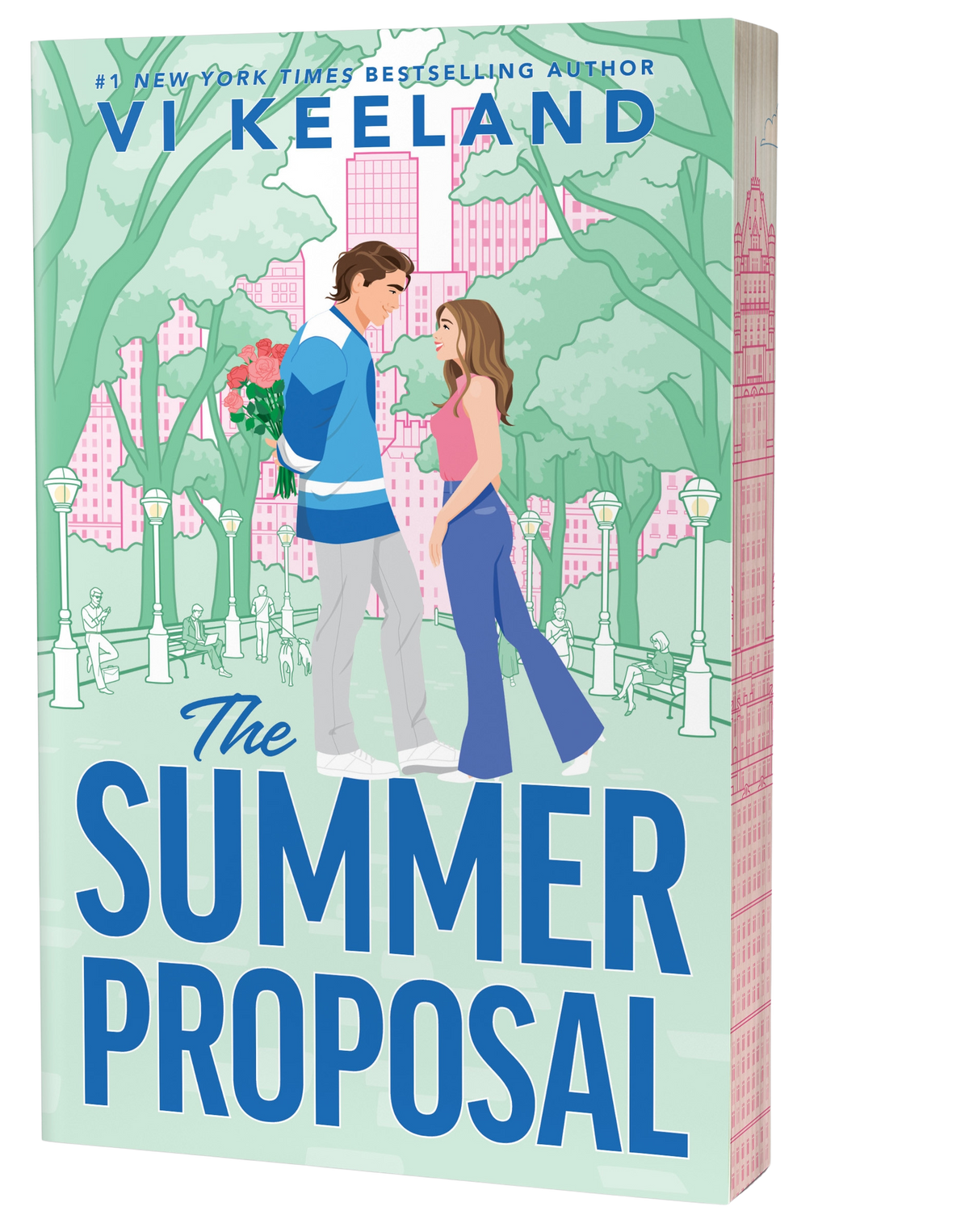 Book cover of 'The Summer Proposal' featuring an illustrated couple in a park with pink buildings in the background